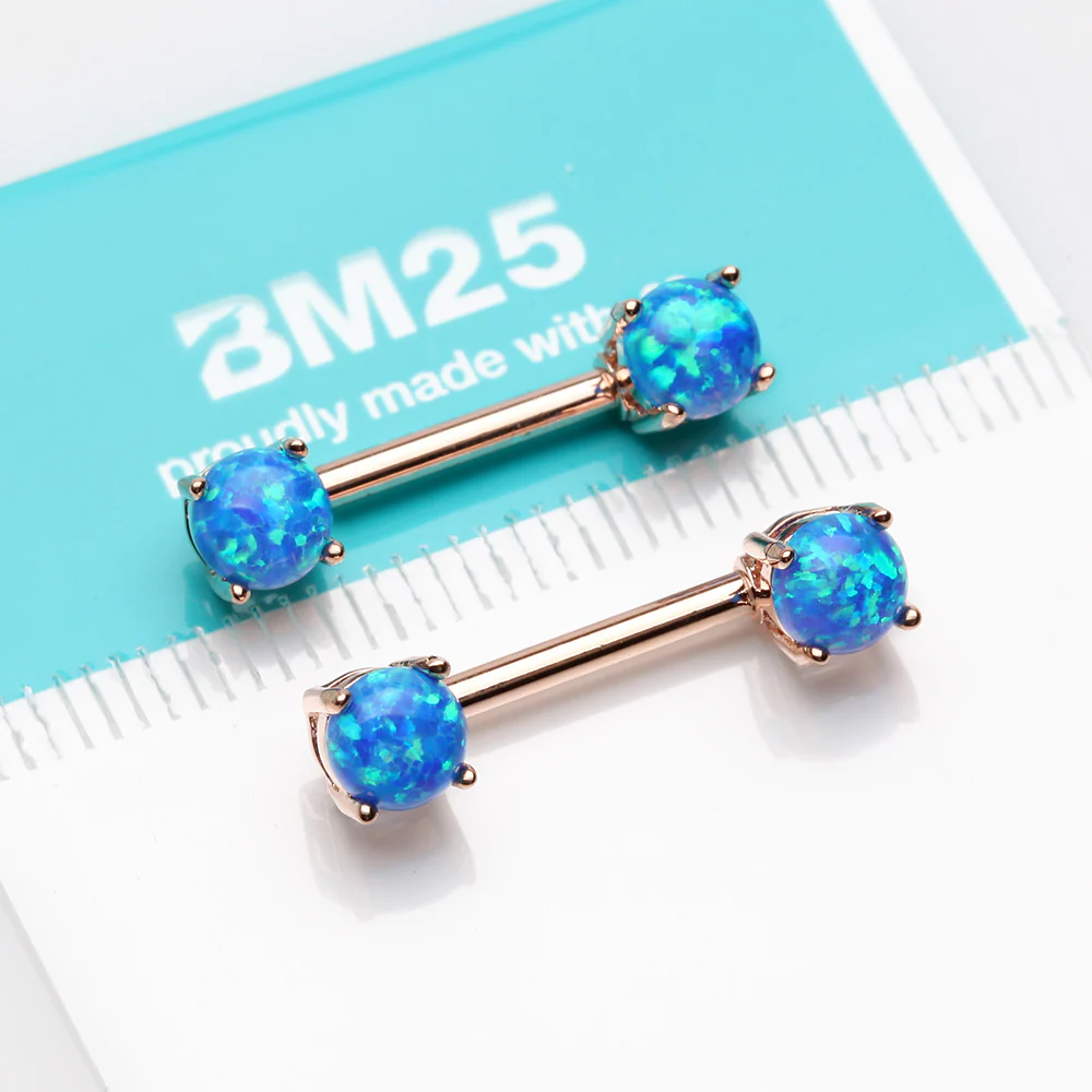 A Pair of Rose Gold Fire Opal Prong Set Sparkle Nipple Barbell - Image 3