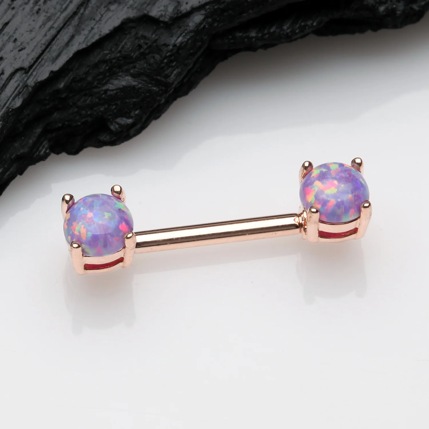 A Pair of Rose Gold Fire Opal Prong Set Sparkle Nipple Barbell - Image 2