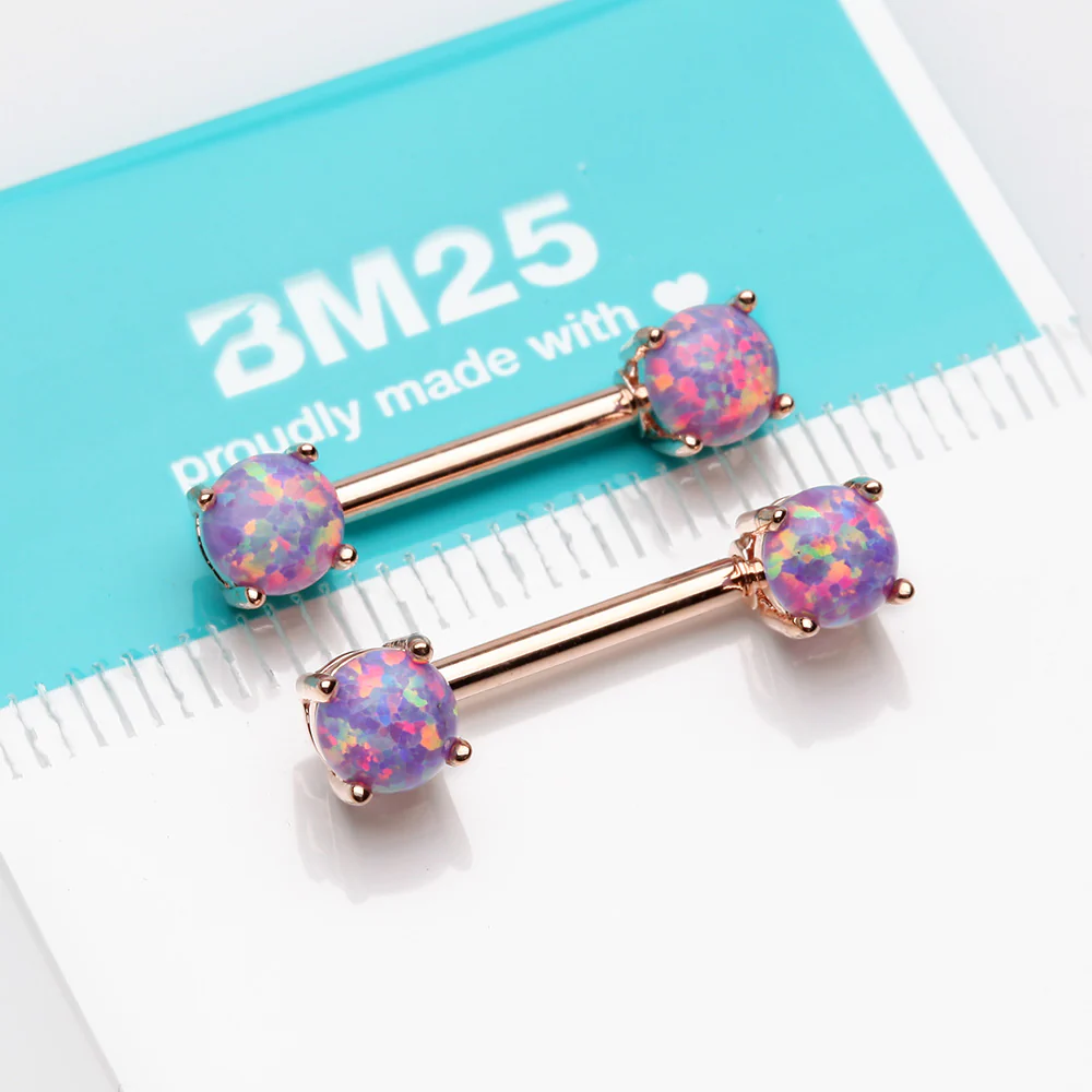 A Pair of Rose Gold Fire Opal Prong Set Sparkle Nipple Barbell - Image 3