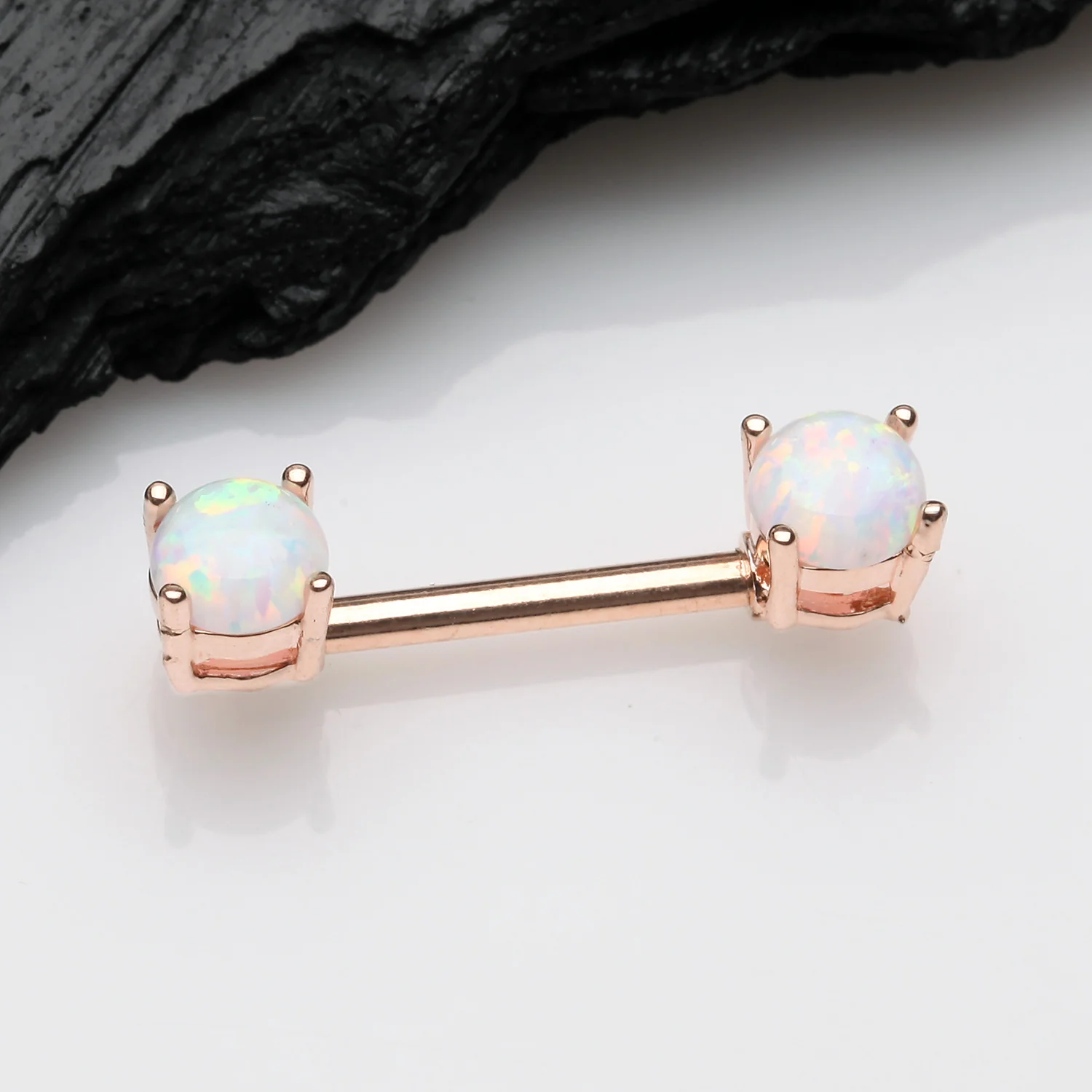 A Pair of Rose Gold Fire Opal Prong Set Sparkle Nipple Barbell - Image 2