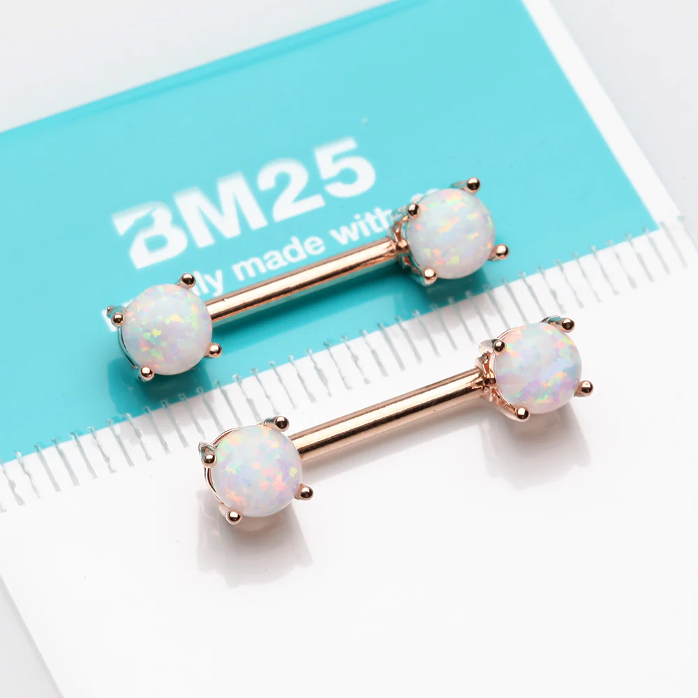 A Pair of Rose Gold Fire Opal Prong Set Sparkle Nipple Barbell - Image 3