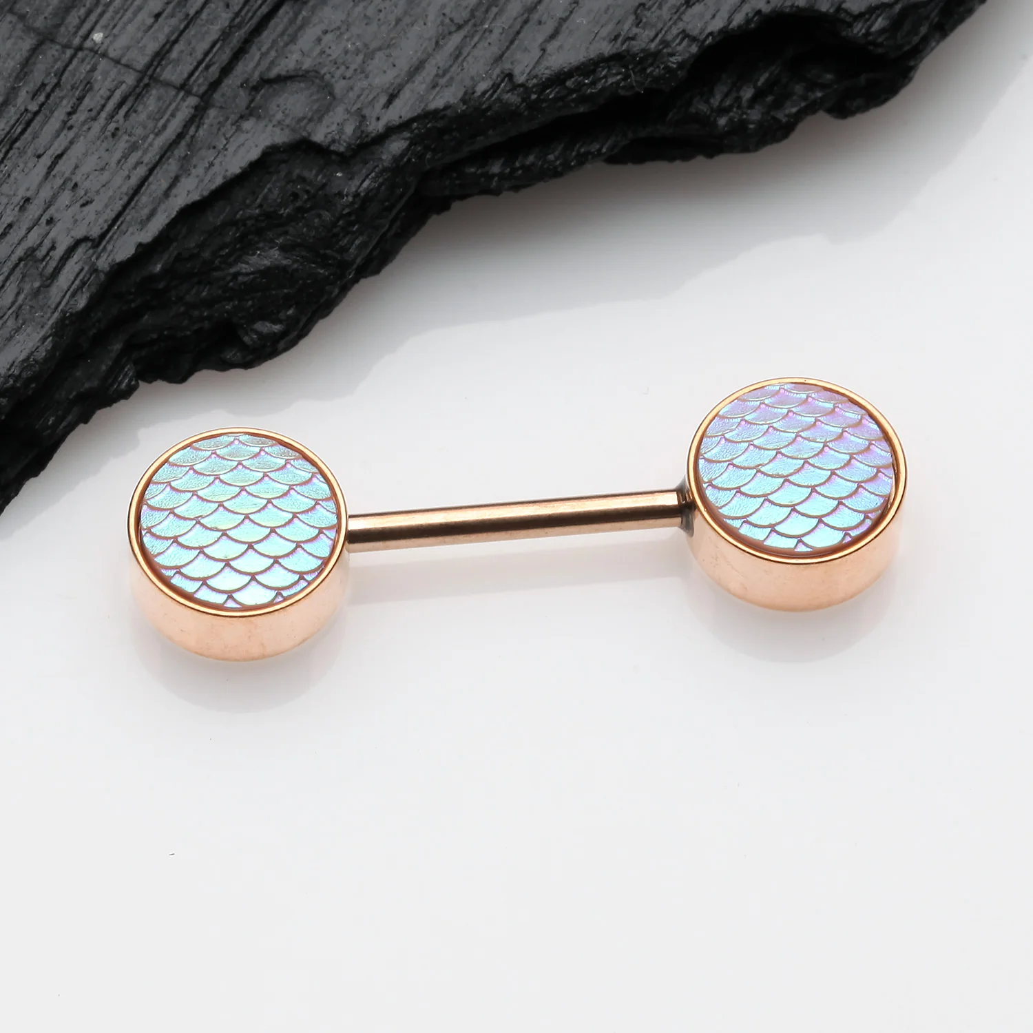 A Pair of Rose Gold Iridescent Mermaid Scale Nipple Barbell - Image 2