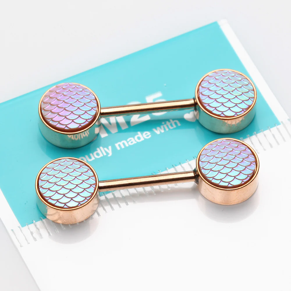 A Pair of Rose Gold Iridescent Mermaid Scale Nipple Barbell - Image 3