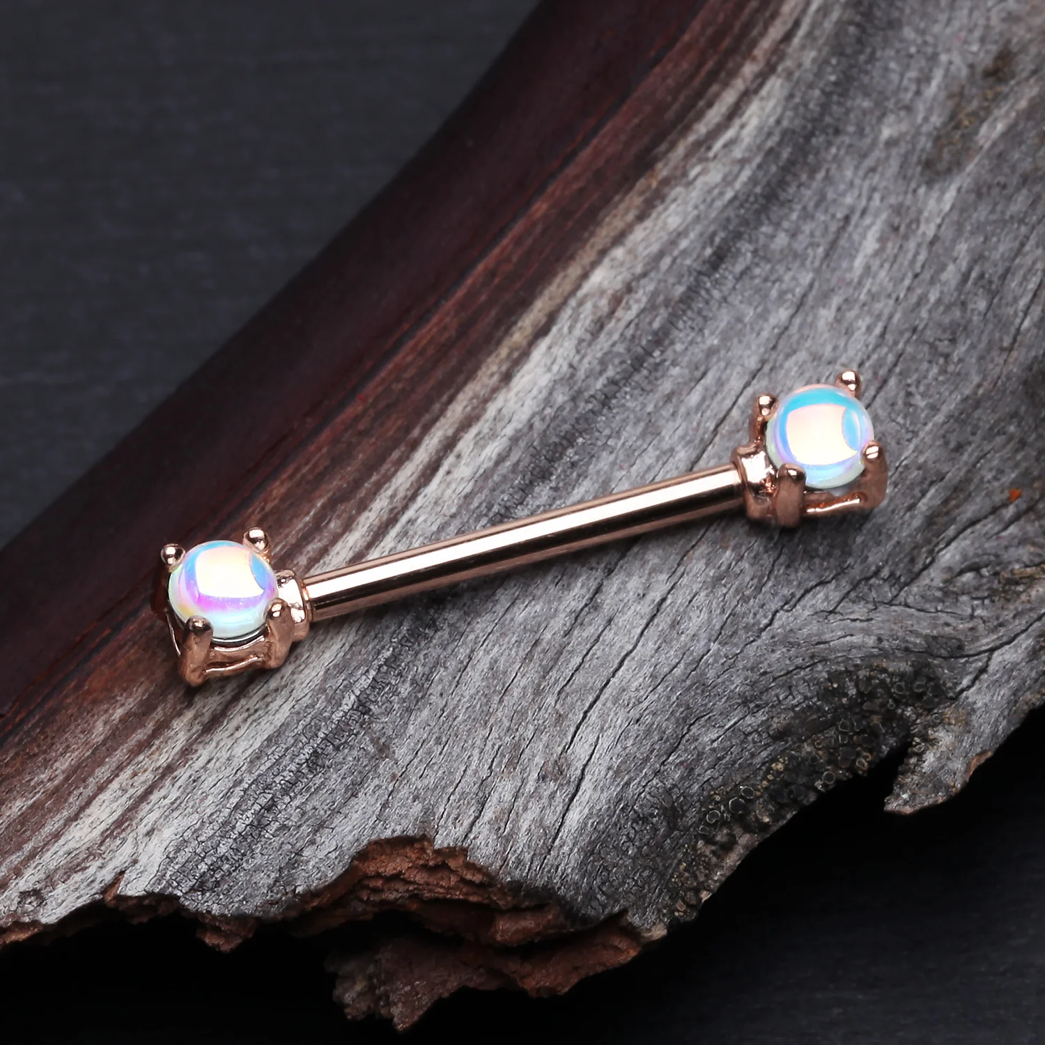 A Pair of Rose Gold Iridescent Revo Double Prong Gem Nipple Barbell - Image 2