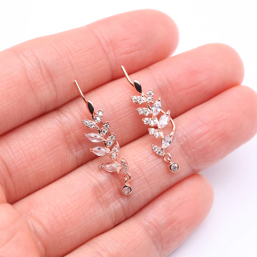 A Pair of Rose Gold Leaf Vine Sparkle Journey Ear Climber Earring - Image 3