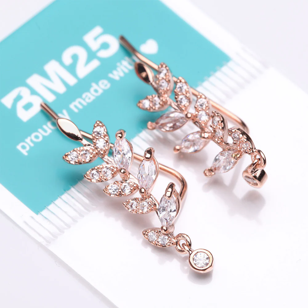 A Pair of Rose Gold Leaf Vine Sparkle Journey Ear Climber Earring - Image 4