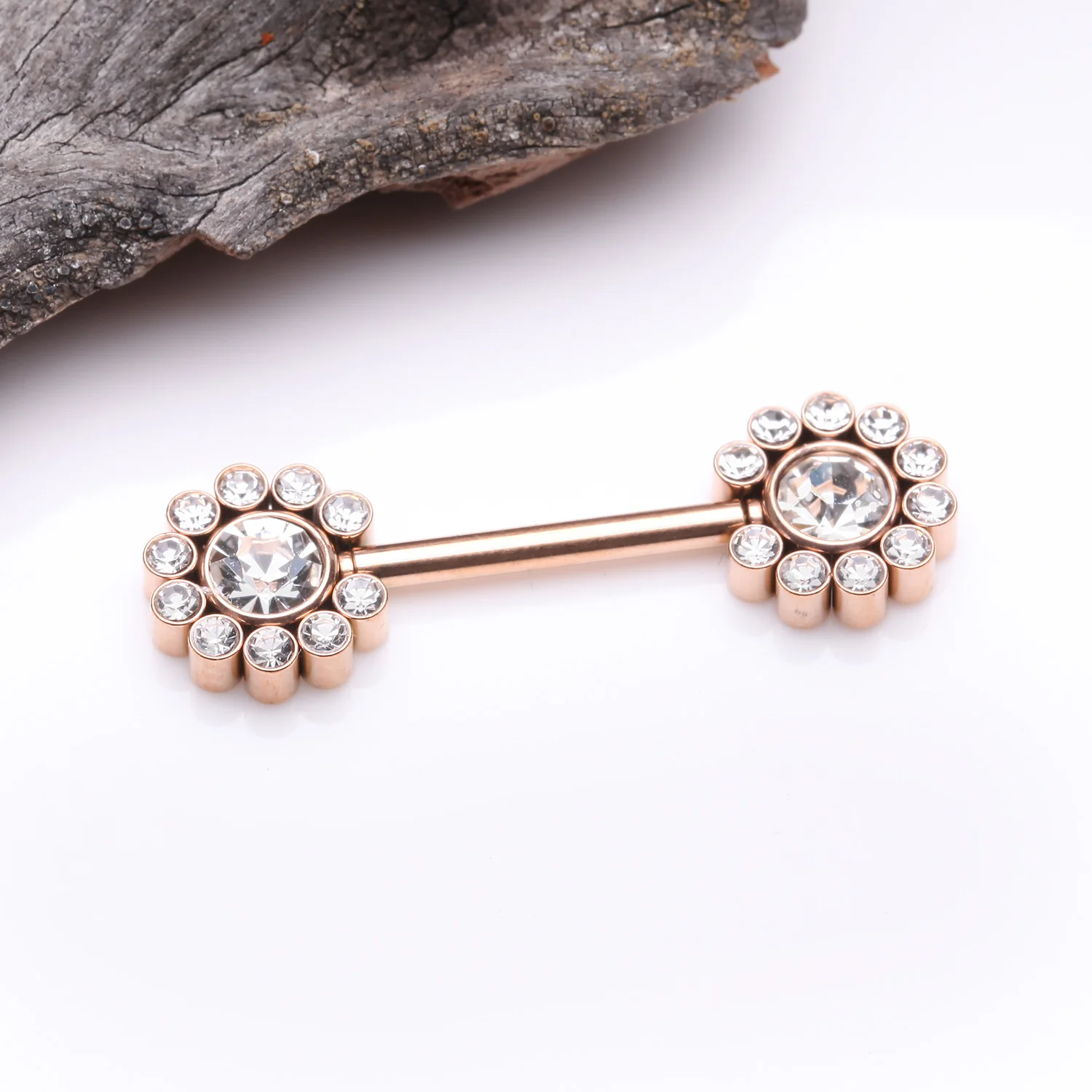 A Pair of Rose Gold Magnificent Floral Sparkle Threadless Nipple Barbell - Image 2