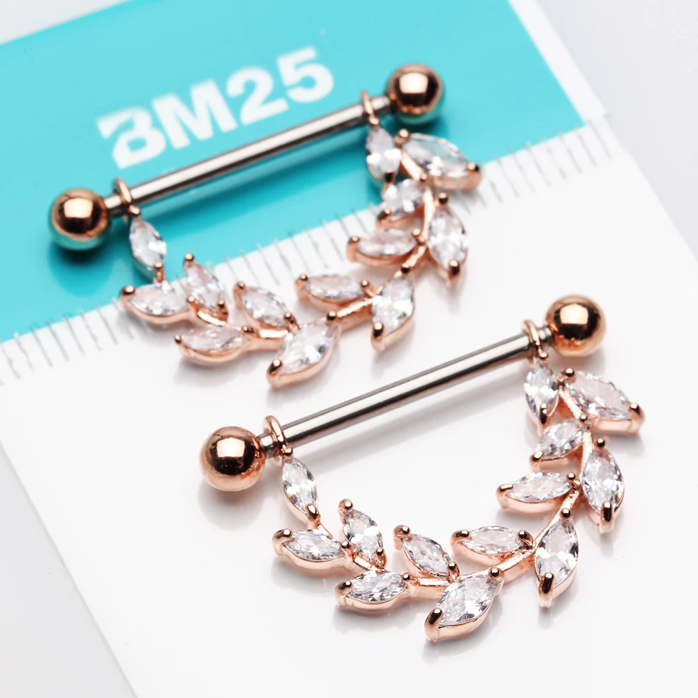 A Pair of Rose Gold Marquise Sparkle Allure Leaves Dangle Nipple Shield - Image 3