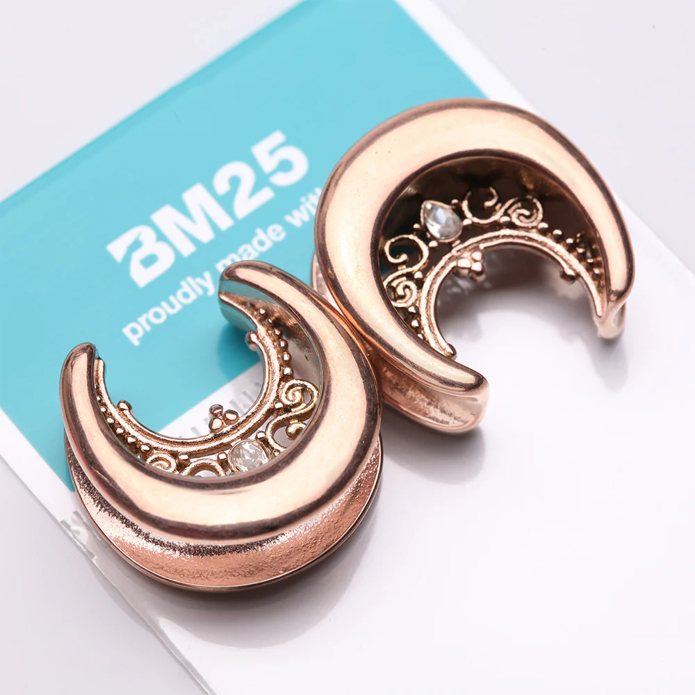 A Pair of Rose Gold Royal Filigree Sparkle Saddle Spreader Steel Double Flared Plug - Image 4