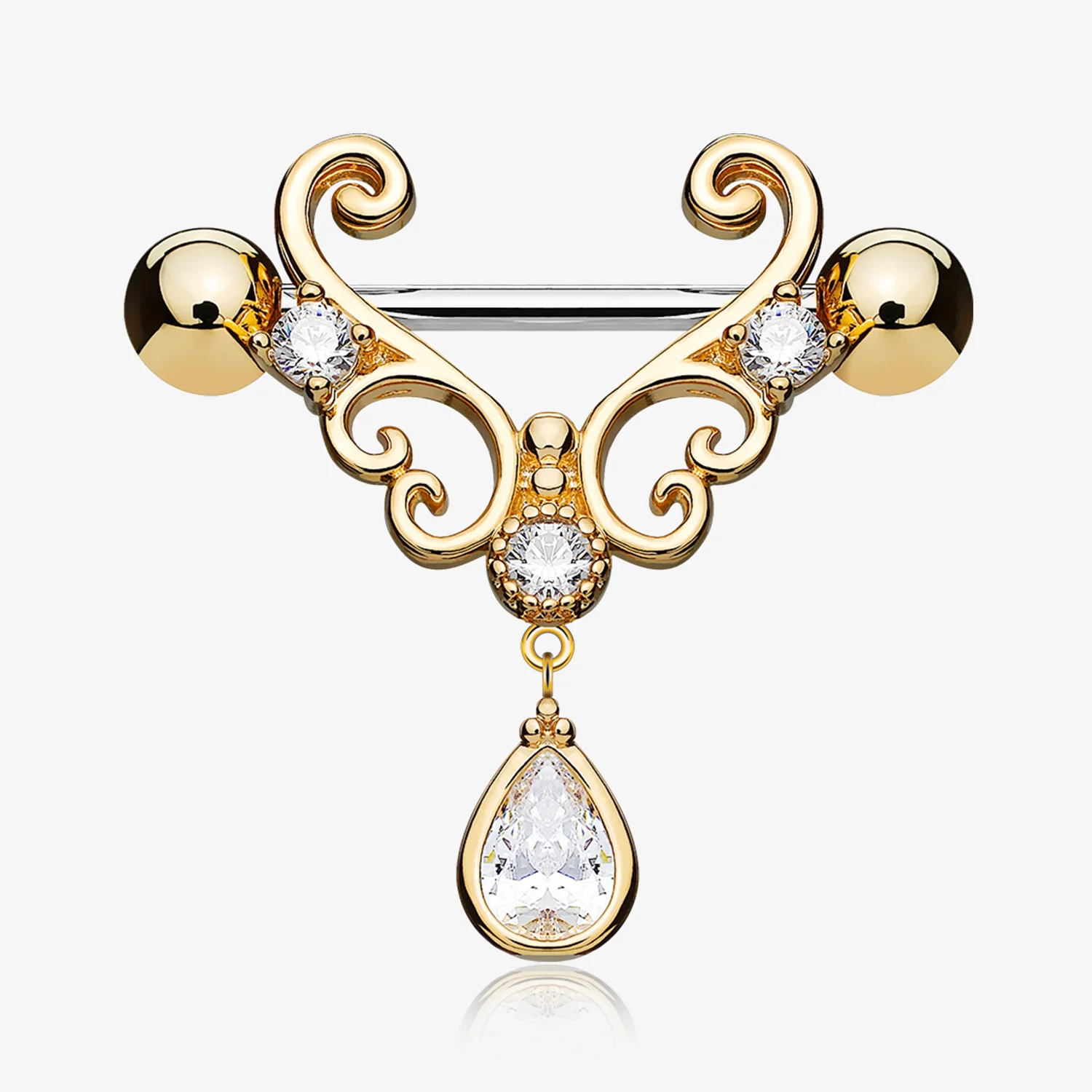 A Pair of Rose Gold Royal Heart Filigree Sparkle Dangle Nipple Shield