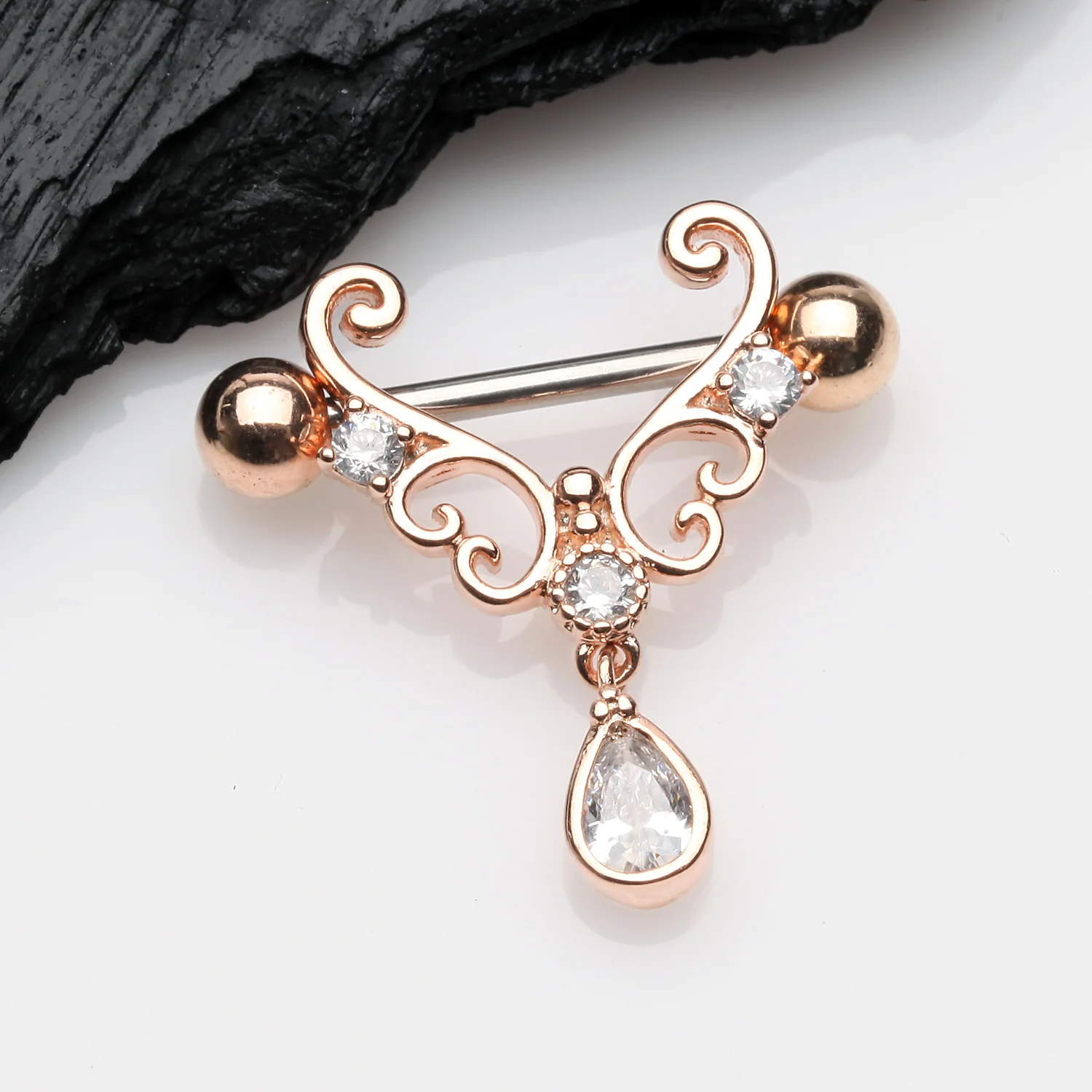 A Pair of Rose Gold Royal Heart Filigree Sparkle Dangle Nipple Shield - Image 2