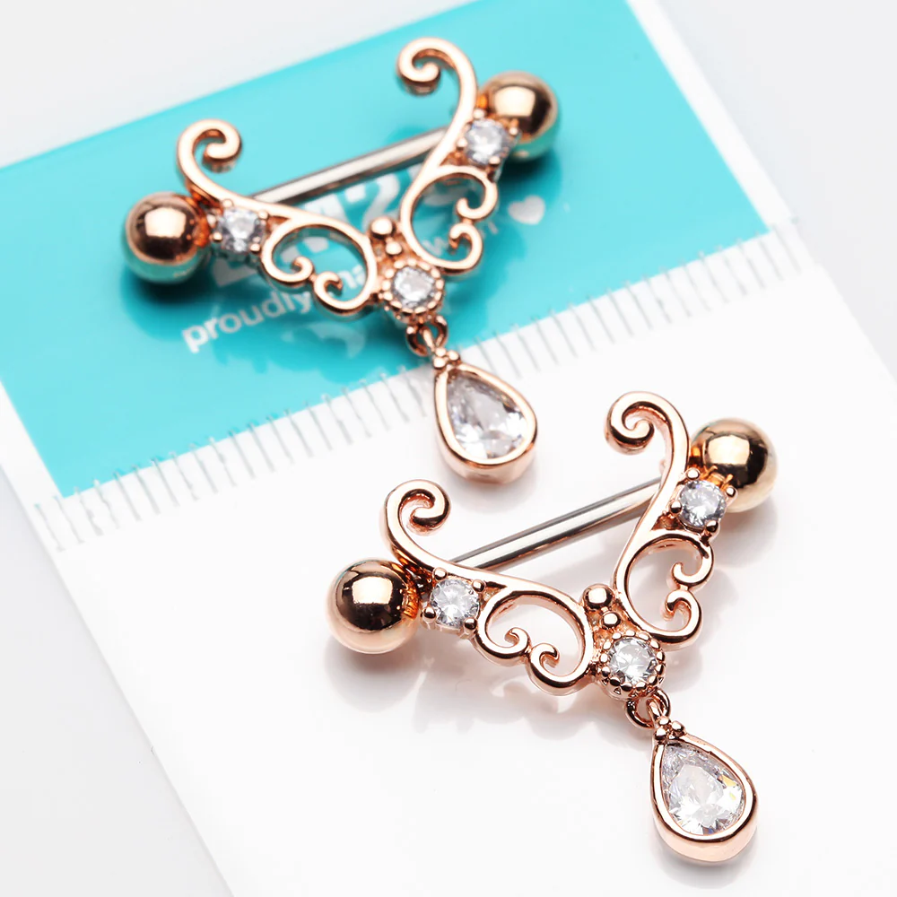 A Pair of Rose Gold Royal Heart Filigree Sparkle Dangle Nipple Shield - Image 3