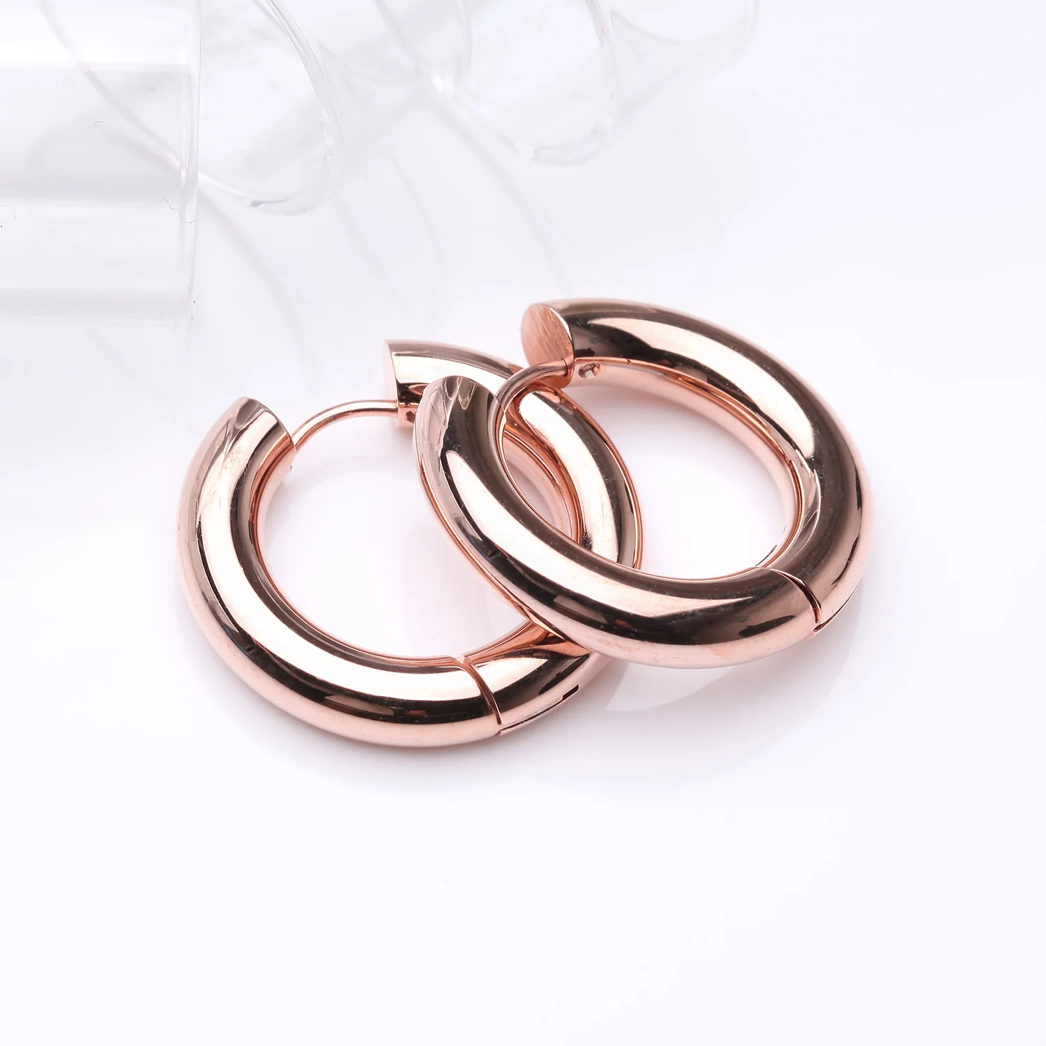 A Pair of Rose Gold Simple Hinged Huggie Hoop Steel Earring - Image 2