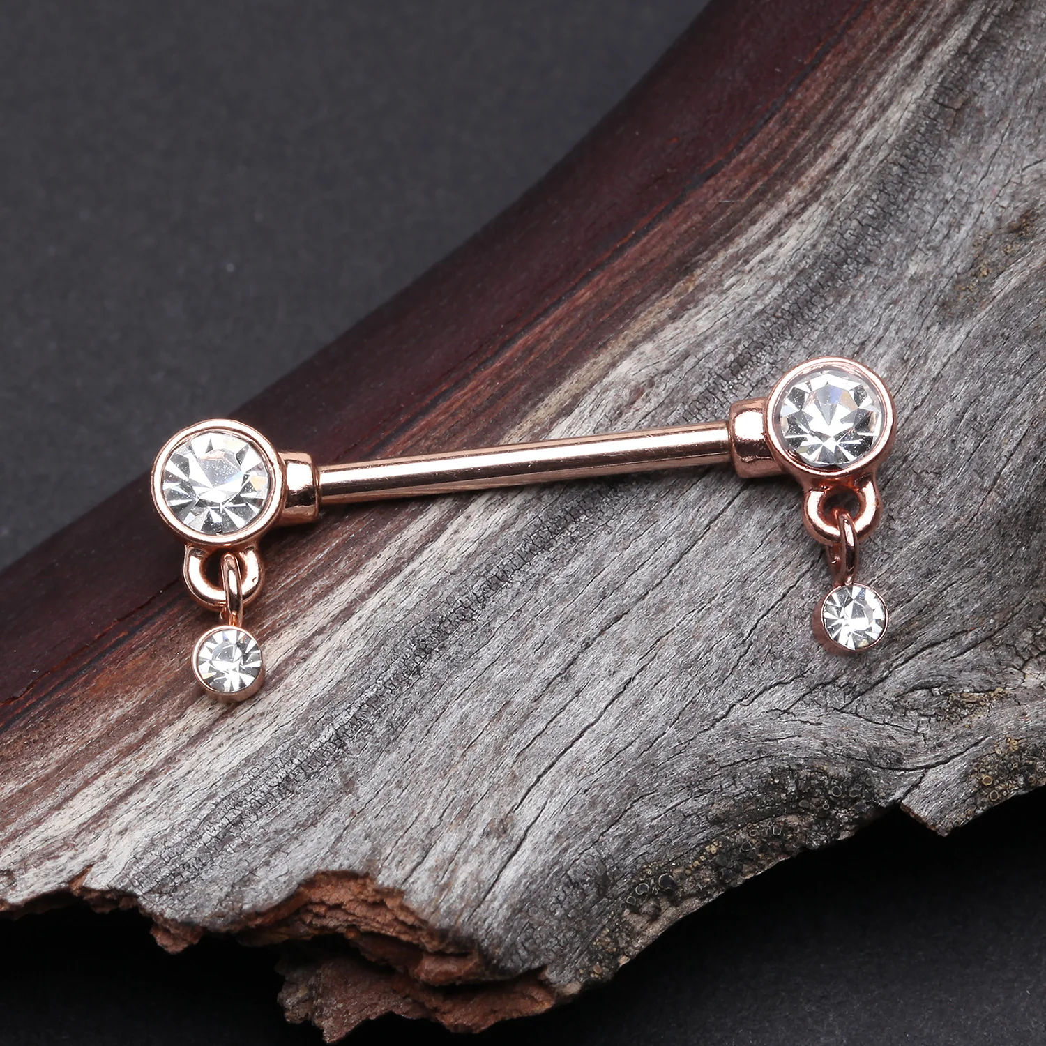 A Pair of Rose Gold Sparkle Dazzle Dangle Droplets Nipple Barbell - Image 2