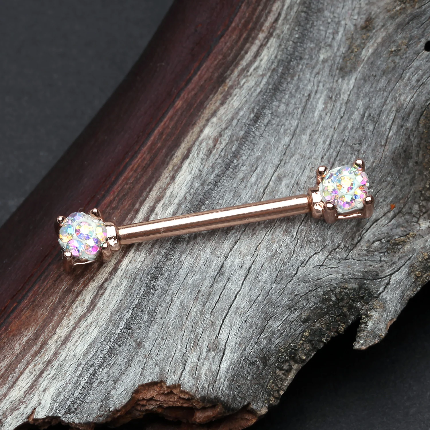 A Pair of Rose Gold Sprinkle Dot Multi-Gem Sparkle Prong Set Nipple Barbell - Image 2