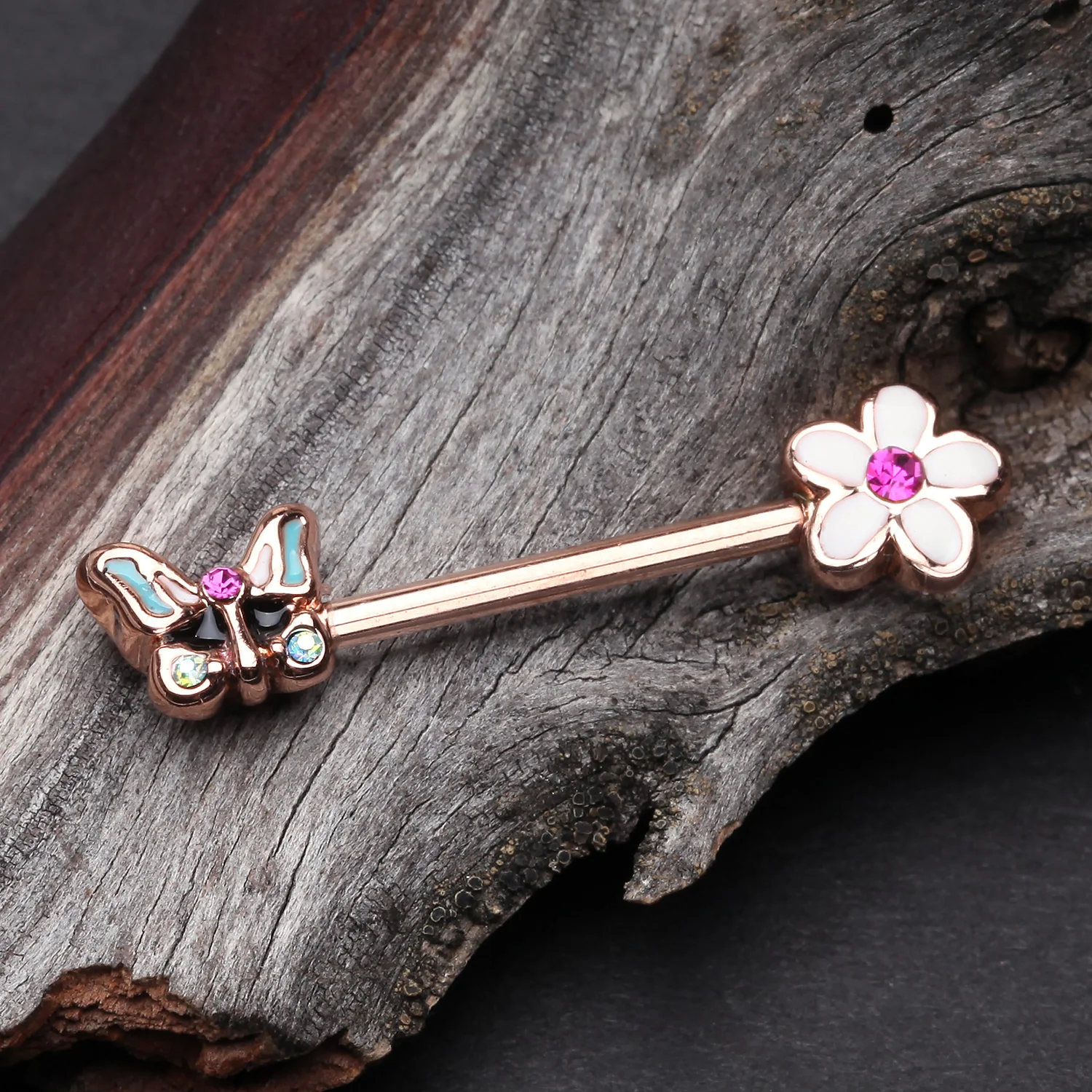 A Pair of Rose Gold Sweet Butterfly Flower Garden Nipple Barbell - Image 2
