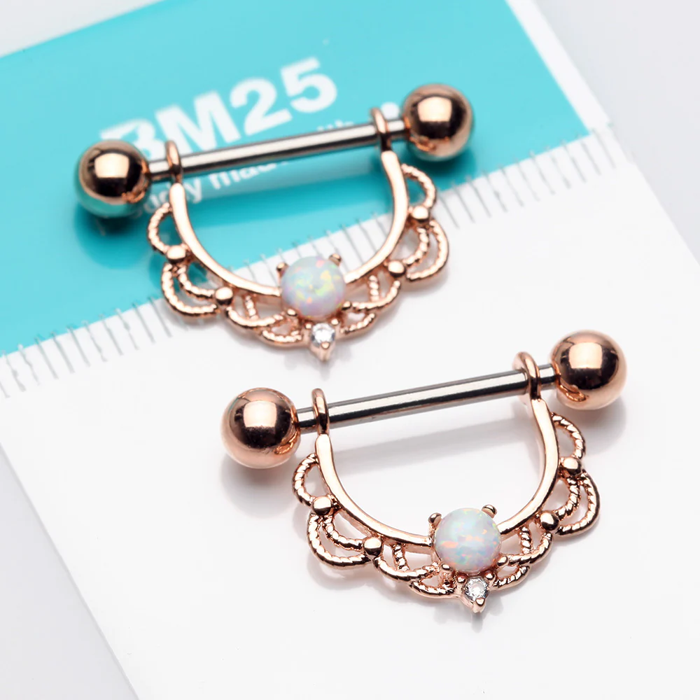 A Pair of Rose Gold Turan Fire Opal Sparkle Dangle Nipple Shield - Image 3