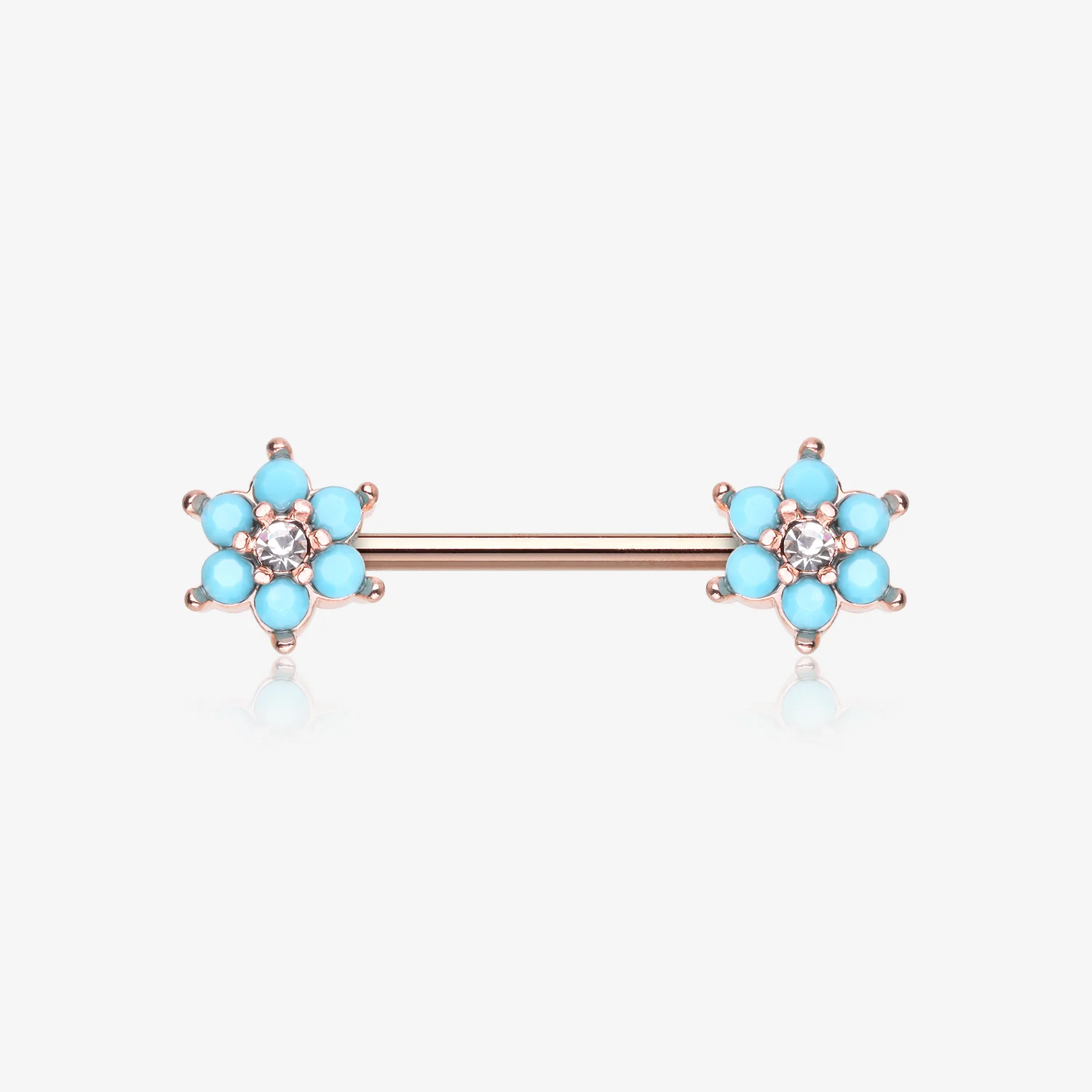 A Pair of Rose Gold Turquoise Spring Flower Sparkle Nipple Barbell