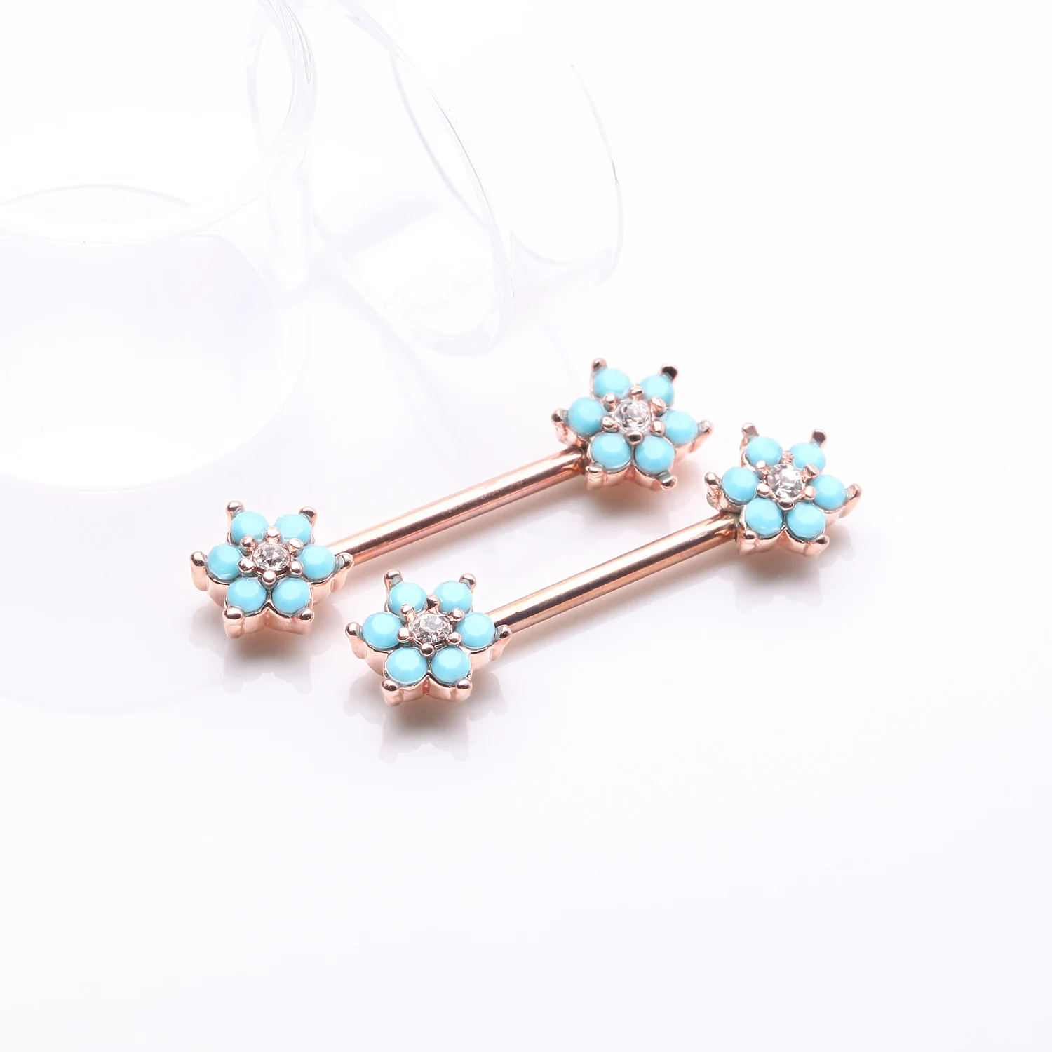 A Pair of Rose Gold Turquoise Spring Flower Sparkle Nipple Barbell - Image 2