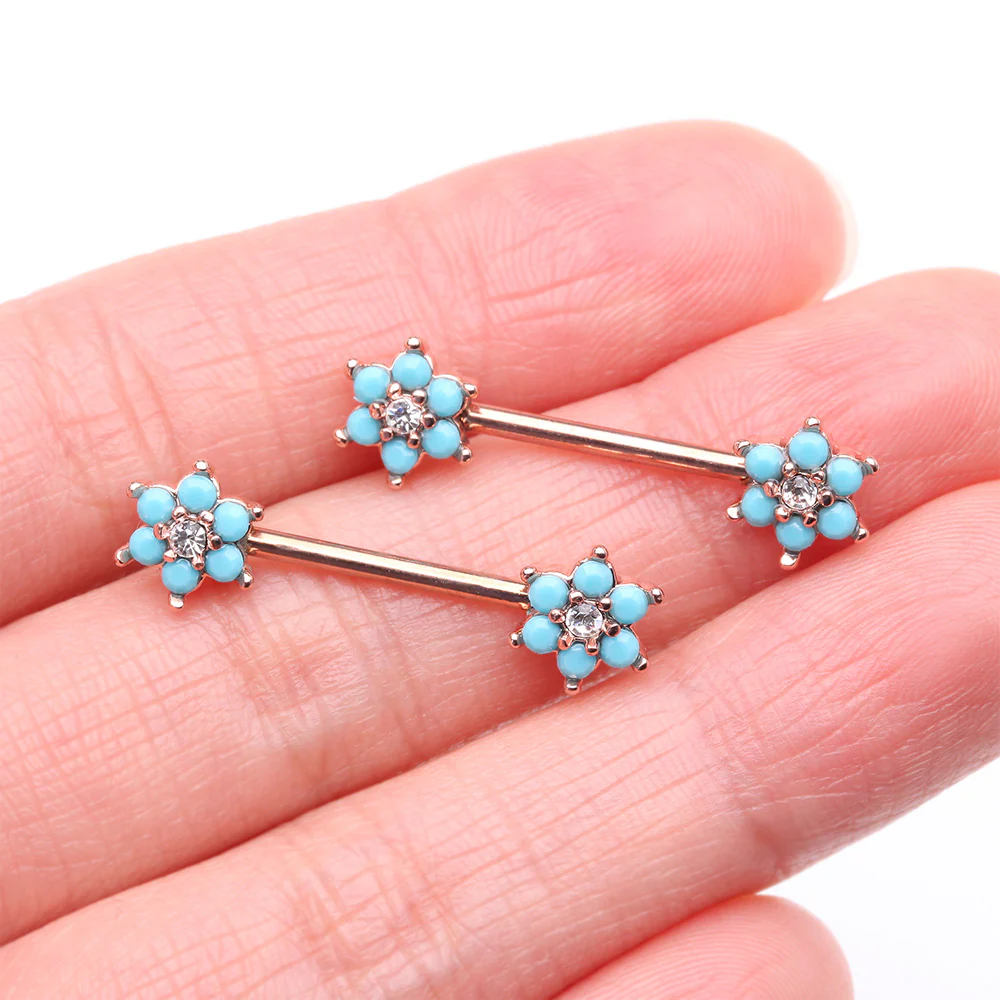 A Pair of Rose Gold Turquoise Spring Flower Sparkle Nipple Barbell - Image 3