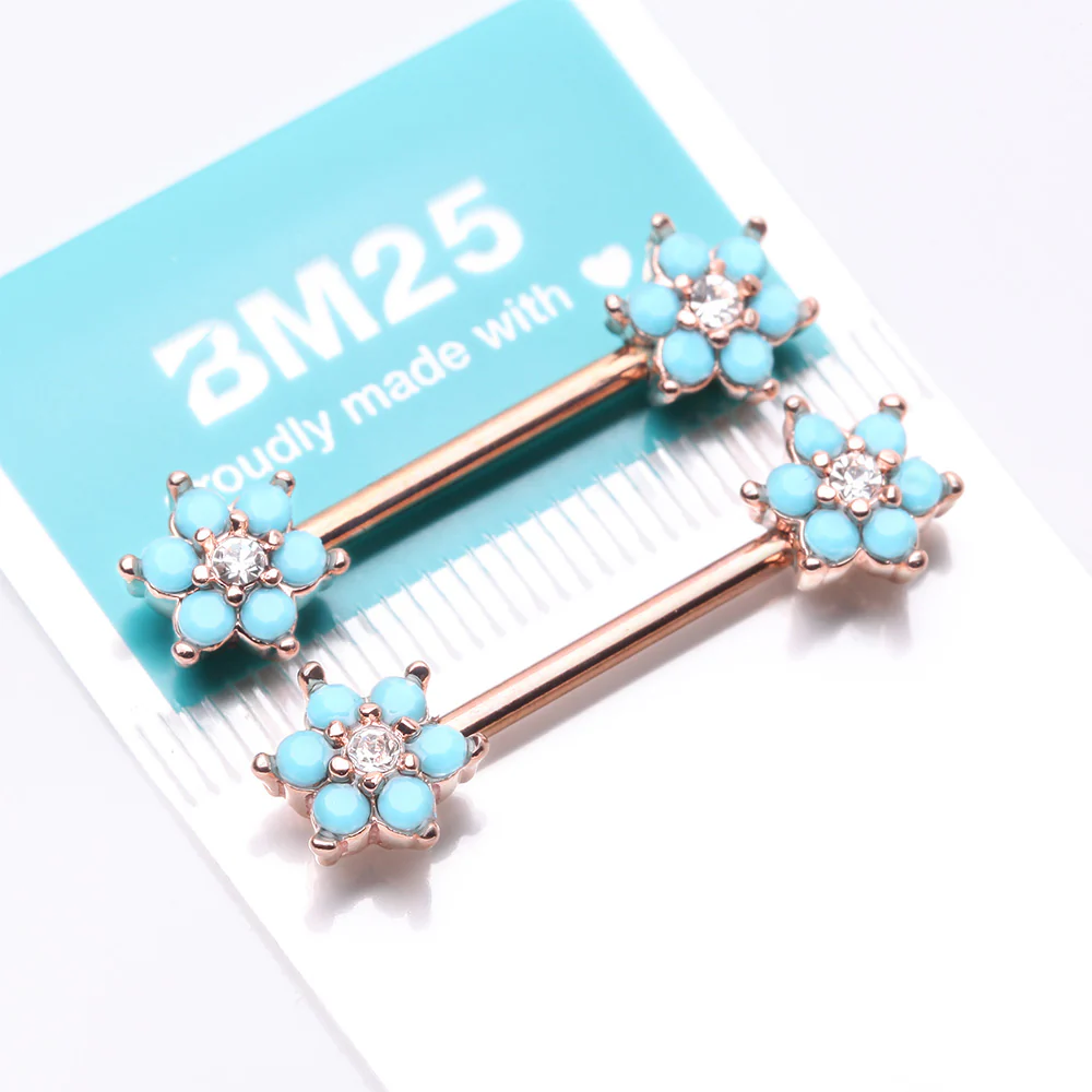 A Pair of Rose Gold Turquoise Spring Flower Sparkle Nipple Barbell - Image 4