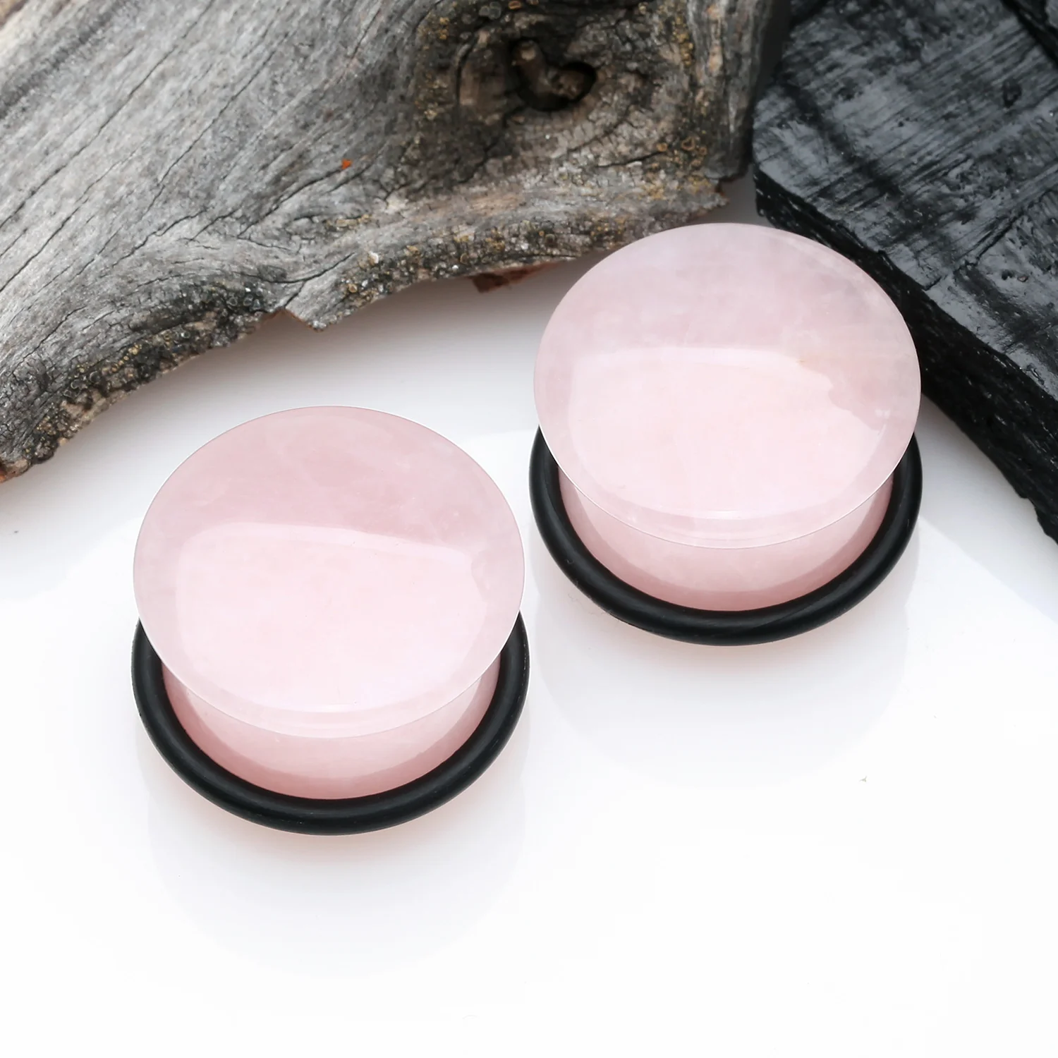 A Pair of Rose Quartz Stone Single Flared Plug with O-Ring - Image 2