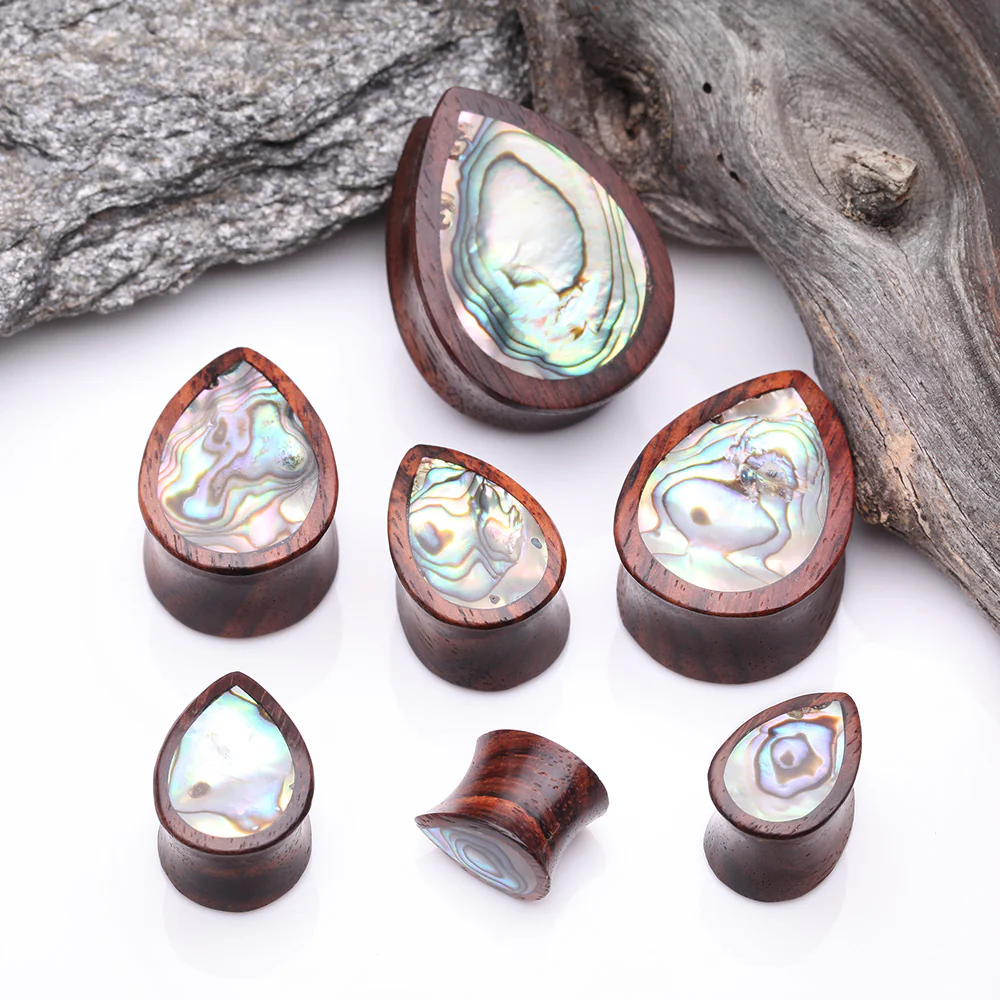 A Pair of Rosewood Bali Abalone Inlay Teardrop Double Flared Plug - Image 3