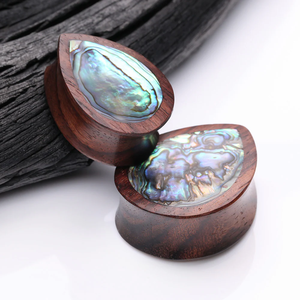 A Pair of Rosewood Bali Abalone Inlay Teardrop Double Flared Plug - Image 4