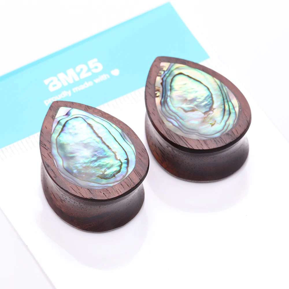 A Pair of Rosewood Bali Abalone Inlay Teardrop Double Flared Plug - Image 5