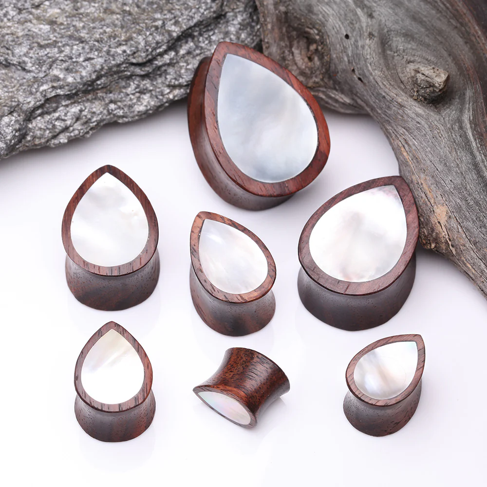 A Pair of Rosewood Bali Mother of Pearl Inlay Teardrop Double Flared Plug - Image 3