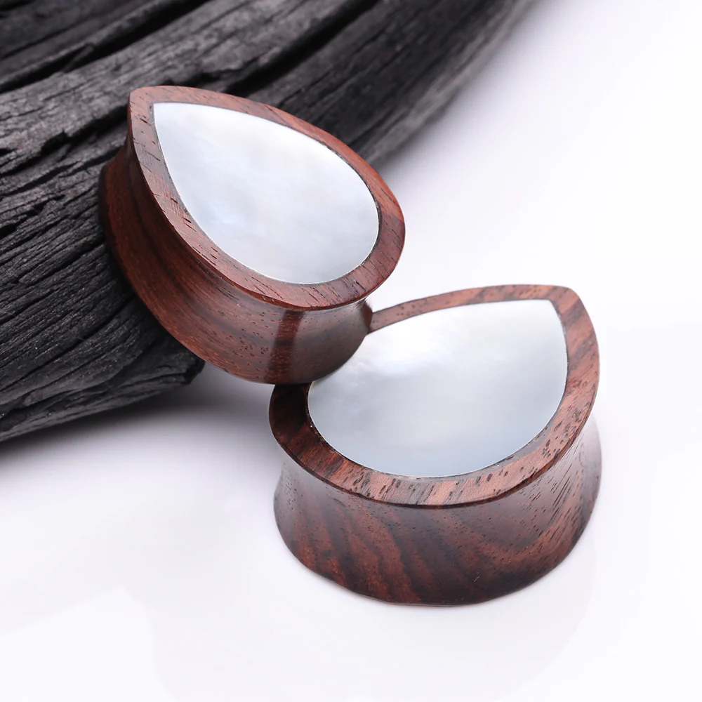 A Pair of Rosewood Bali Mother of Pearl Inlay Teardrop Double Flared Plug - Image 4