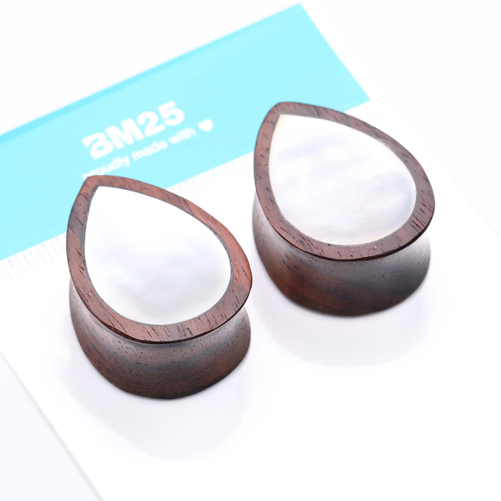 A Pair of Rosewood Bali Mother of Pearl Inlay Teardrop Double Flared Plug - Image 5