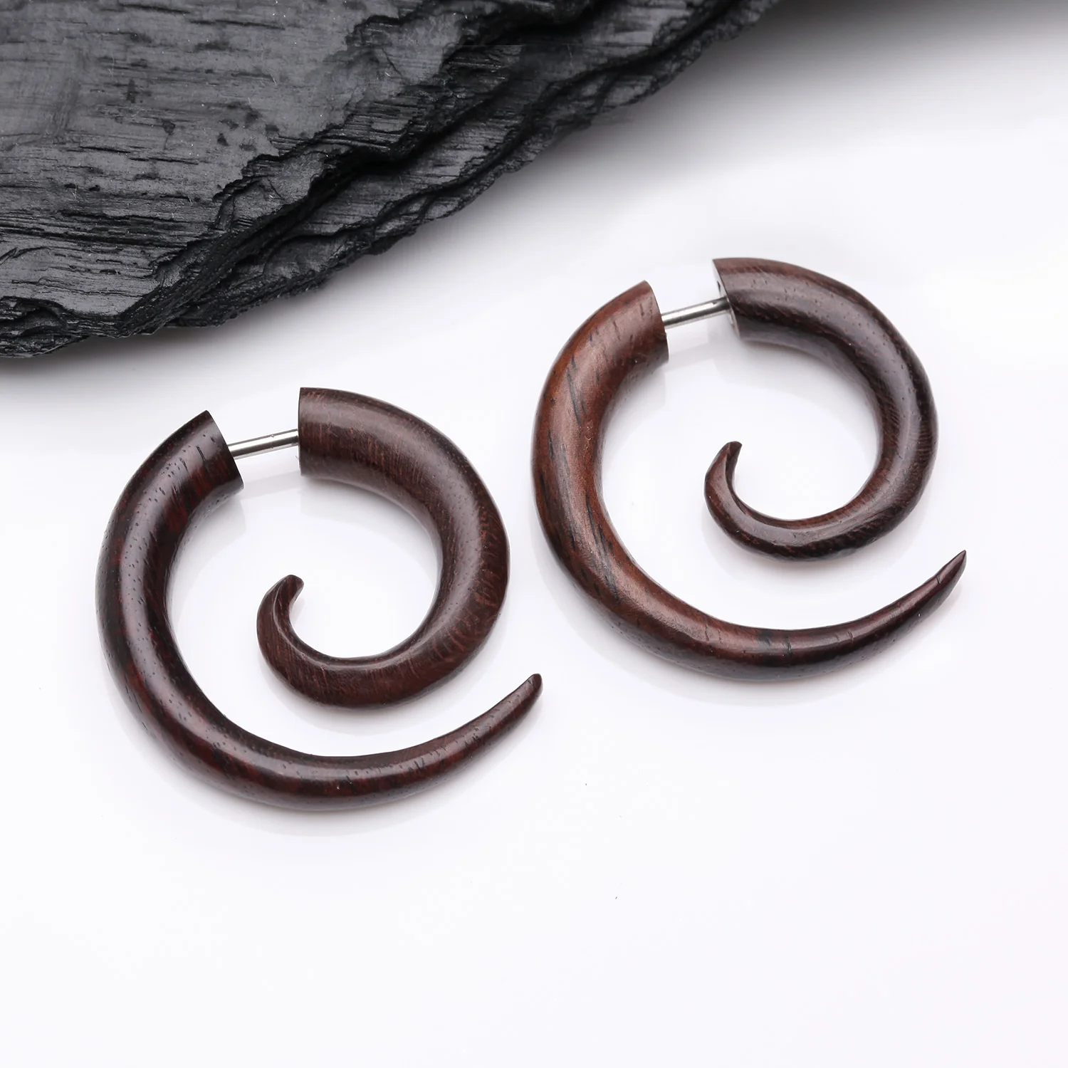 A Pair of Rosewood Fake Spiral Hanger Earring - Image 2