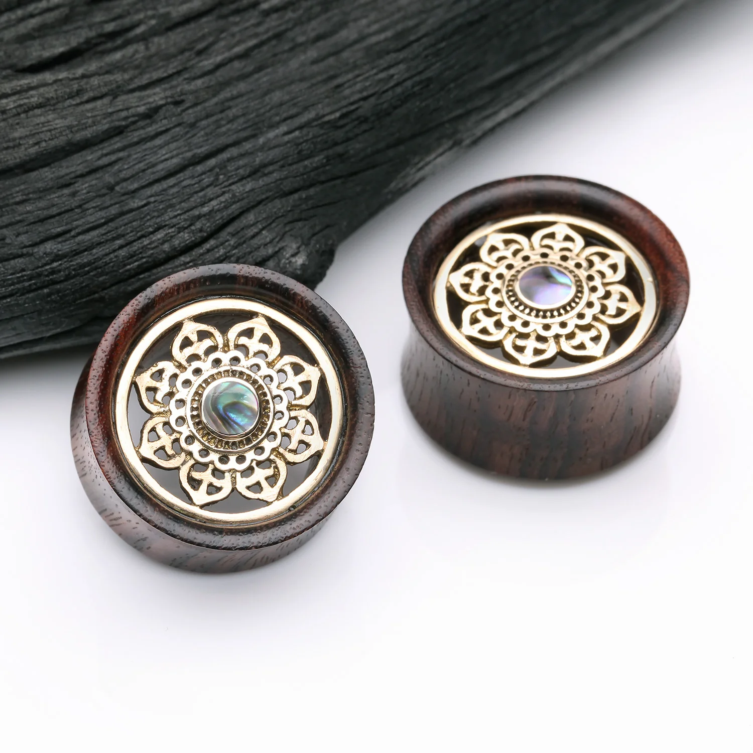 A Pair of Royal Bali Abalone Floral Brass Rosewood Double Flared Tunnel Plug - Image 2