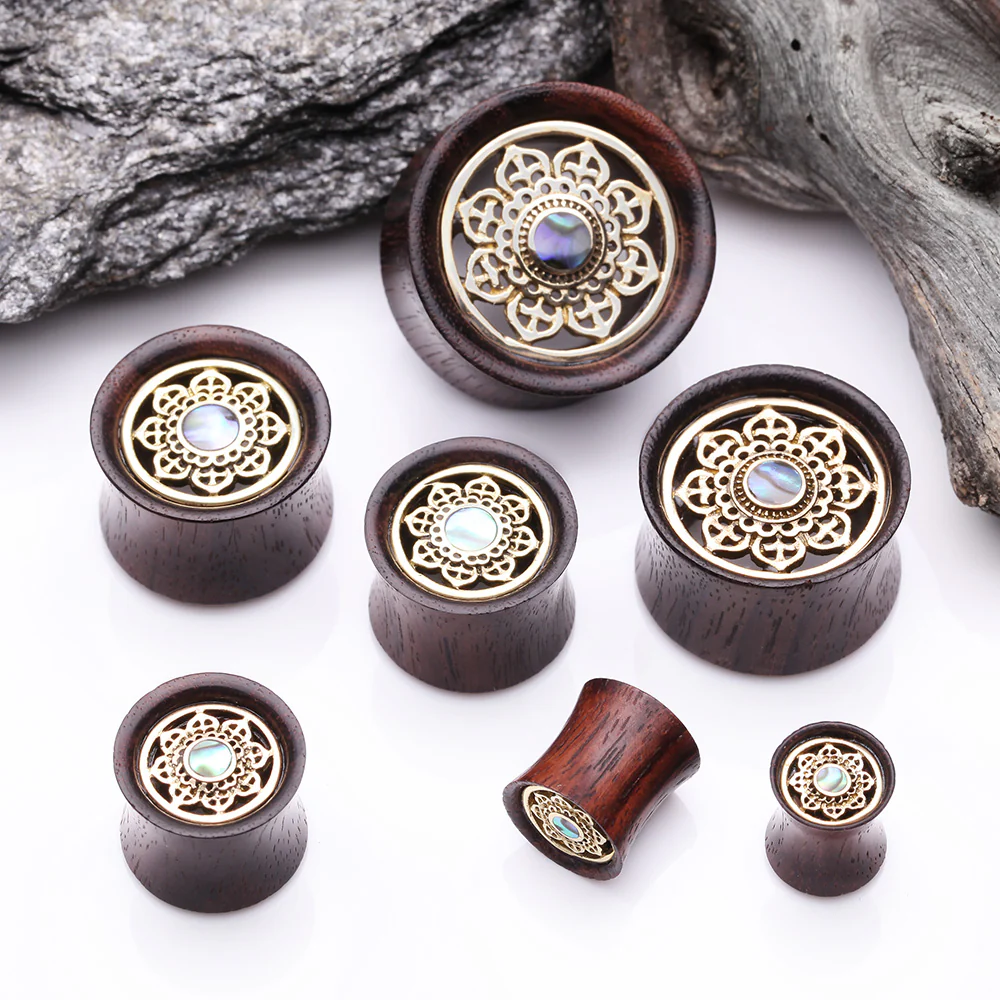 A Pair of Royal Bali Abalone Floral Brass Rosewood Double Flared Tunnel Plug - Image 3