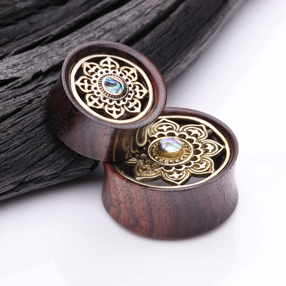 A Pair of Royal Bali Abalone Floral Brass Rosewood Double Flared Tunnel Plug - Image 4