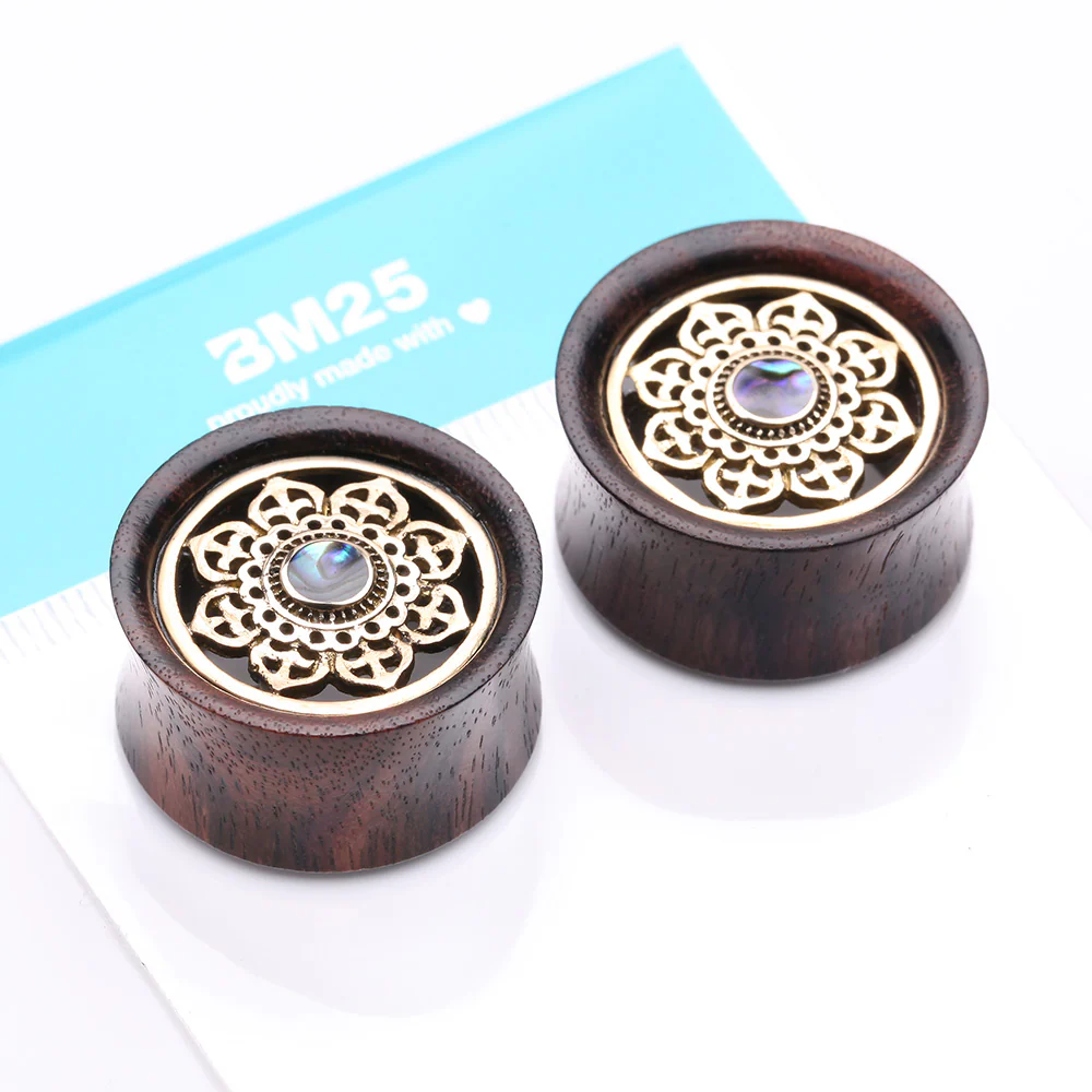 A Pair of Royal Bali Abalone Floral Brass Rosewood Double Flared Tunnel Plug - Image 5