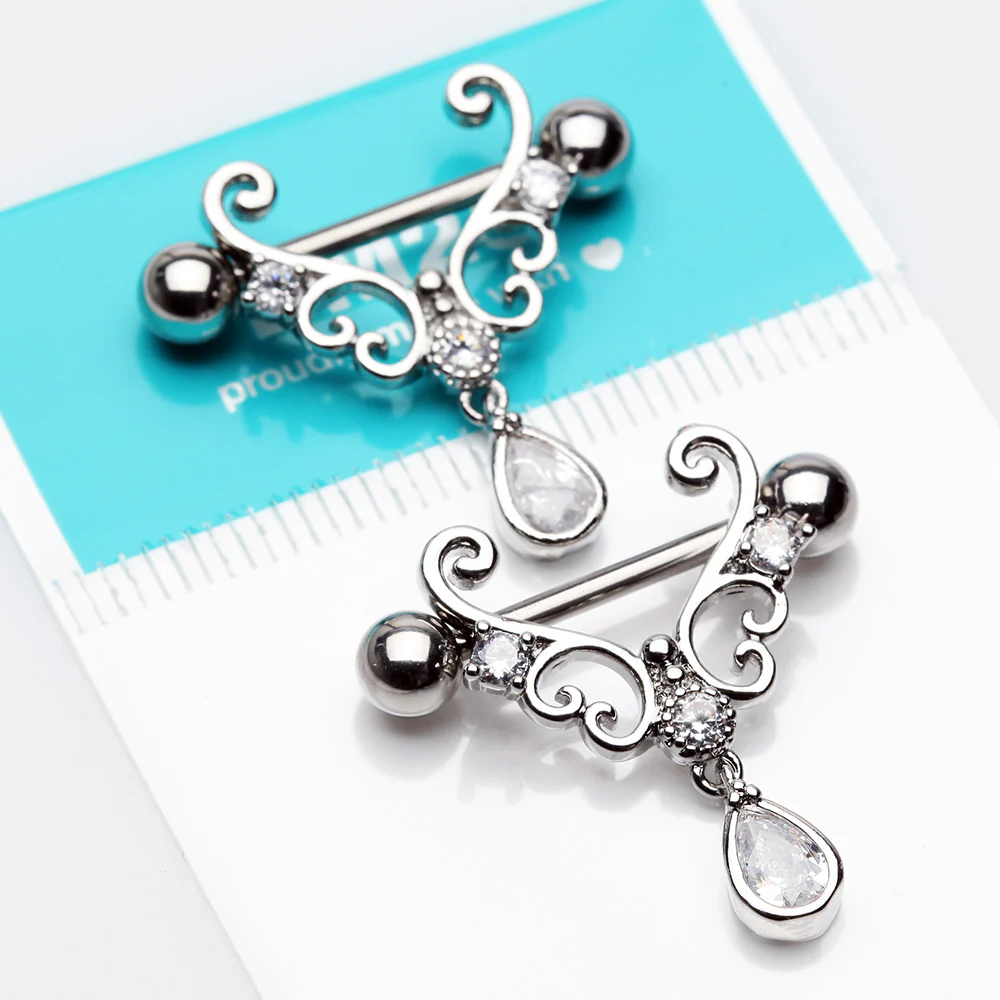 A Pair of Royal Heart Filigree Sparkle Dangle Nipple Shield - Image 3