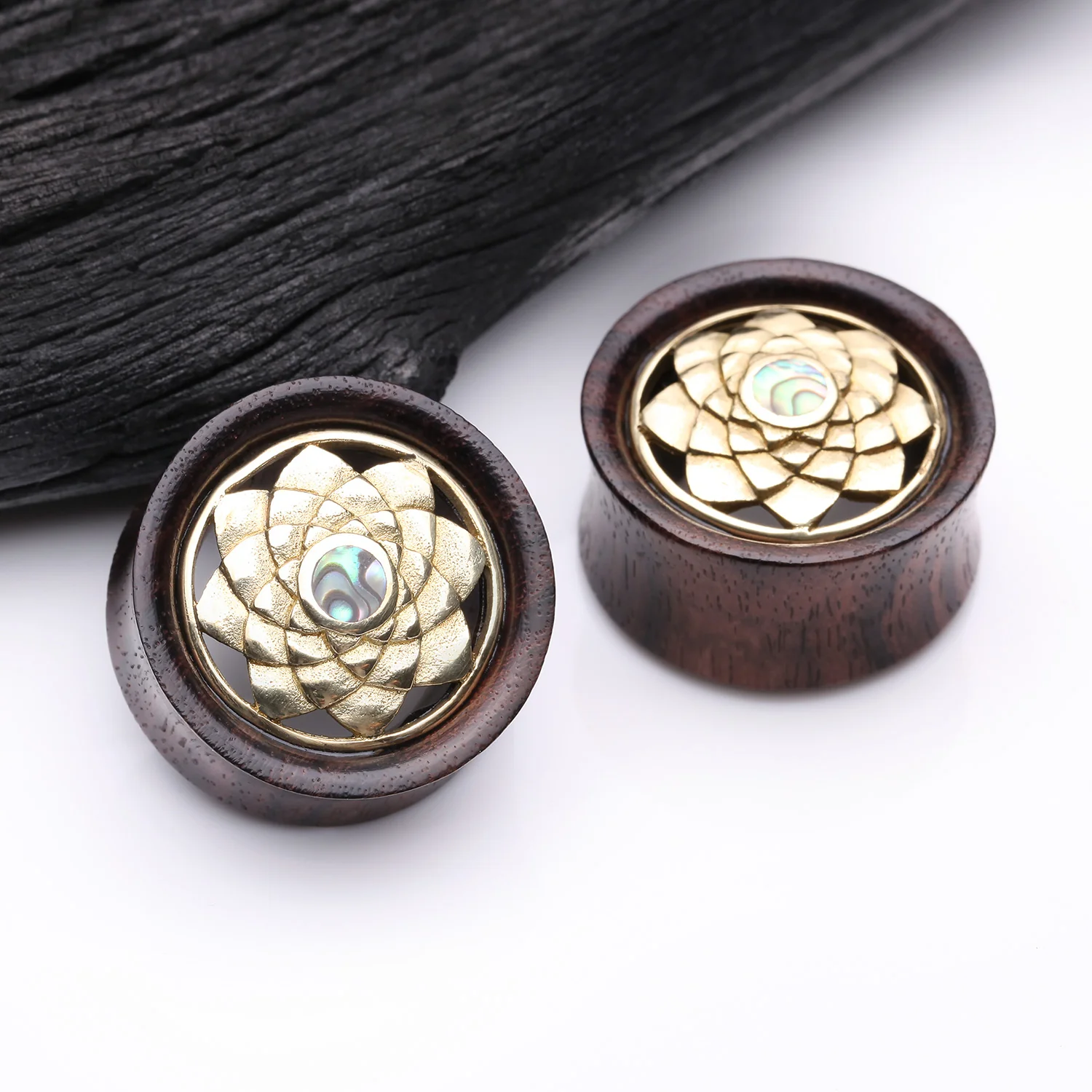 A Pair of Sacred Bali Abalone Lotus Brass Rosewood Double Flared Tunnel Plug - Image 2
