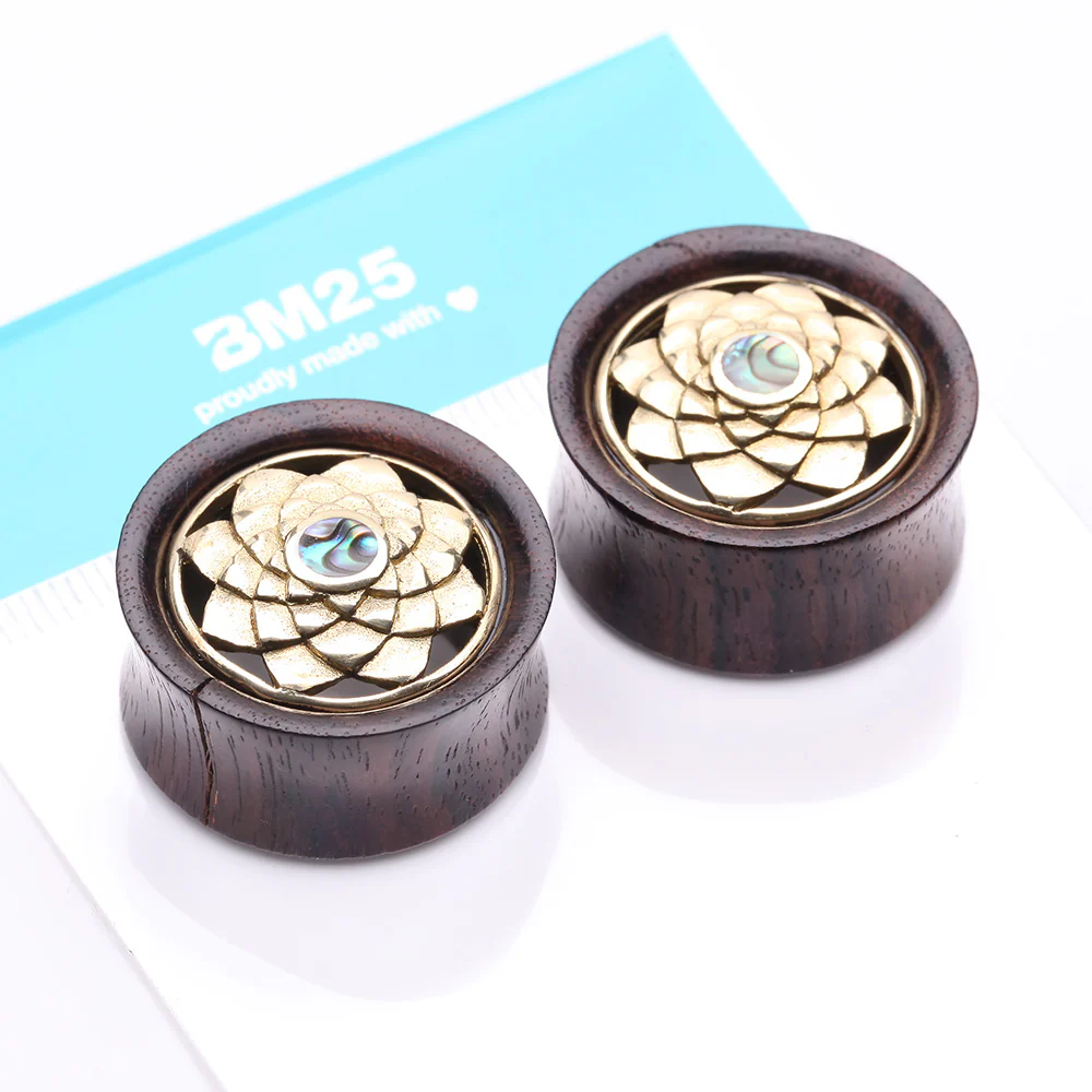 A Pair of Sacred Bali Abalone Lotus Brass Rosewood Double Flared Tunnel Plug - Image 5