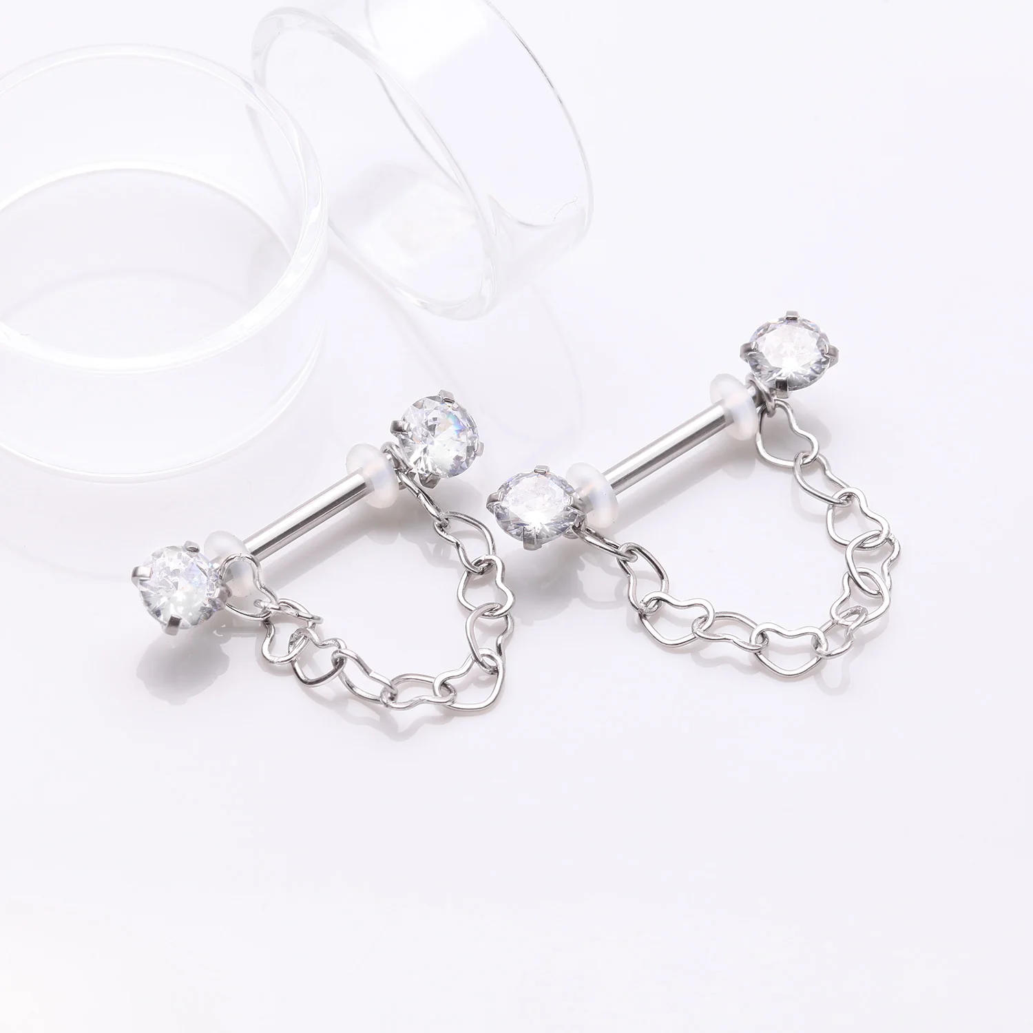A Pair of Sparkle Chained Hollow Heart Internally Threaded Nipple Barbell - Image 2