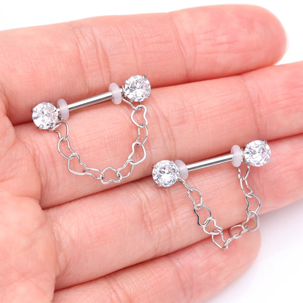 A Pair of Sparkle Chained Hollow Heart Internally Threaded Nipple Barbell - Image 3