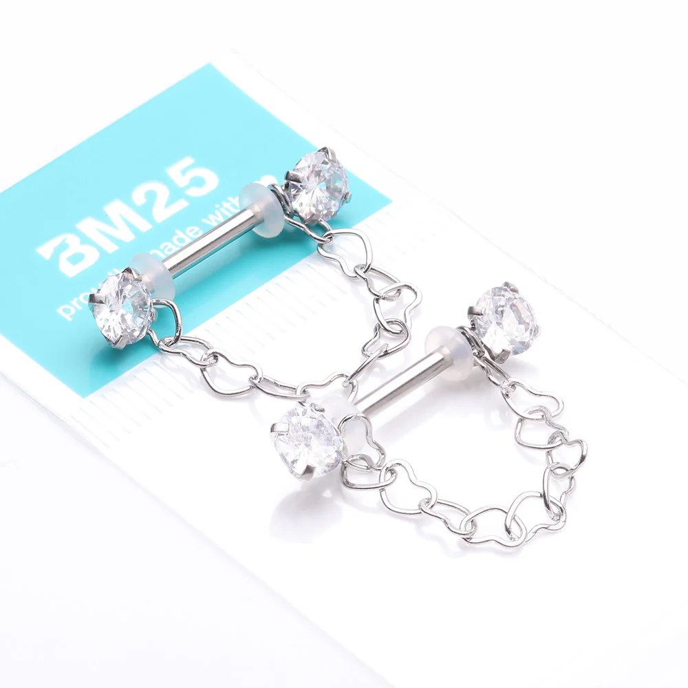 A Pair of Sparkle Chained Hollow Heart Internally Threaded Nipple Barbell - Image 4