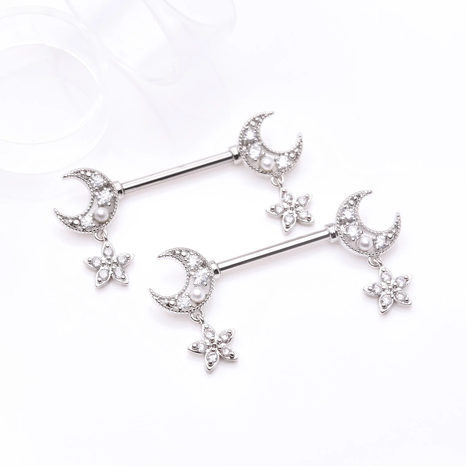 A Pair of Sparkle Crescent Moon Twinkle Dangle Nipple Barbell - Image 2