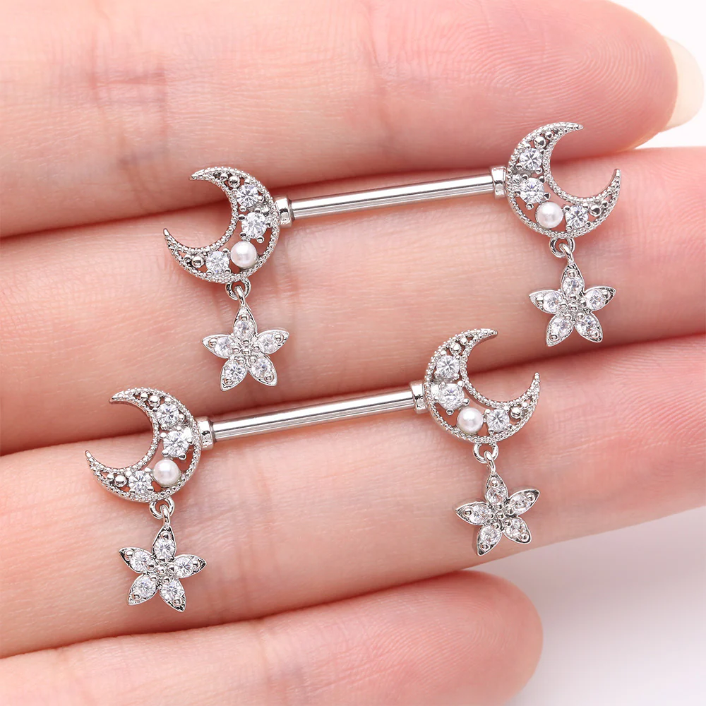 A Pair of Sparkle Crescent Moon Twinkle Dangle Nipple Barbell - Image 3