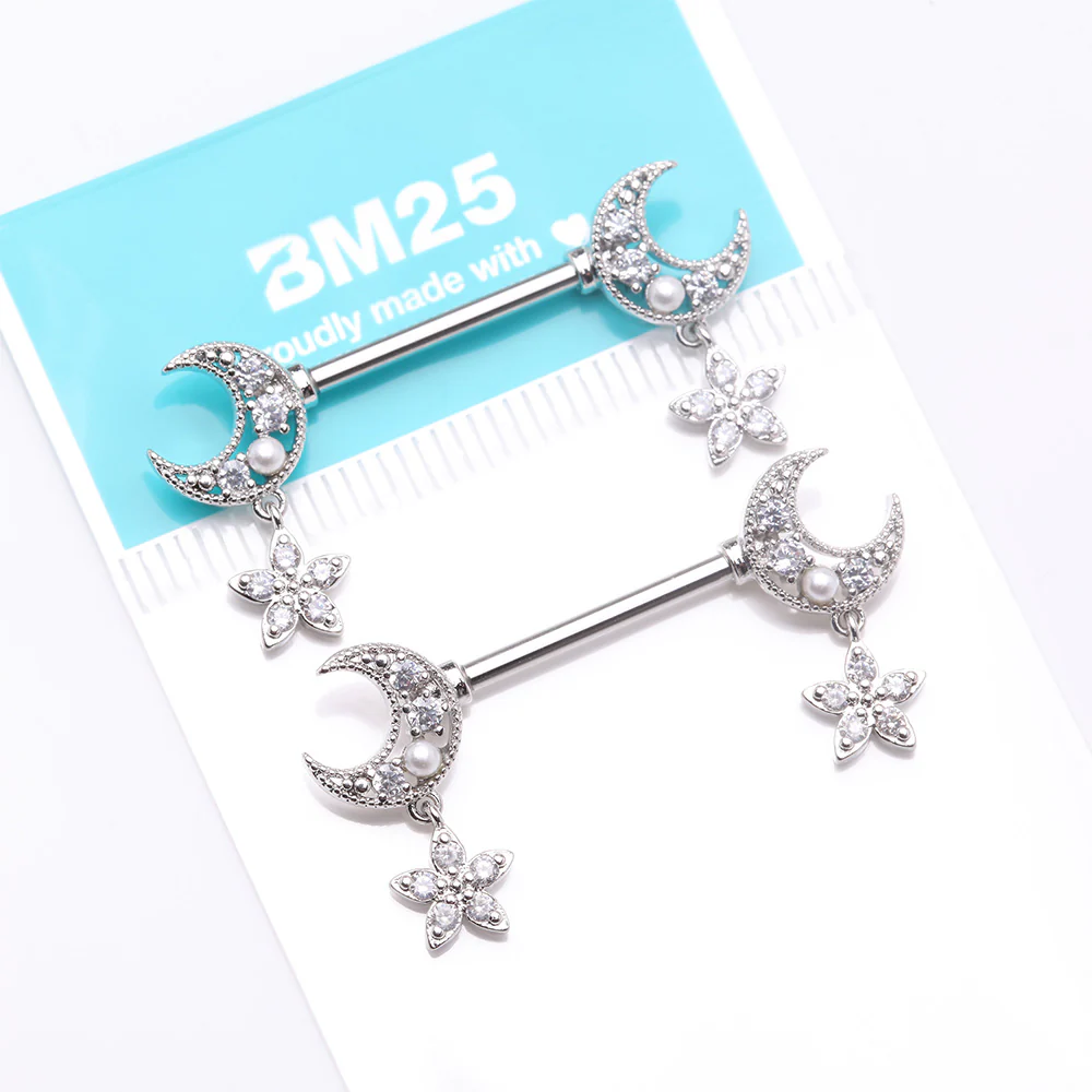 A Pair of Sparkle Crescent Moon Twinkle Dangle Nipple Barbell - Image 4