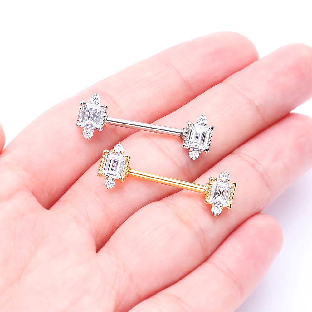 A Pair of Sparkle Renaissance Princess Cut Nipple Barbell - Image 4