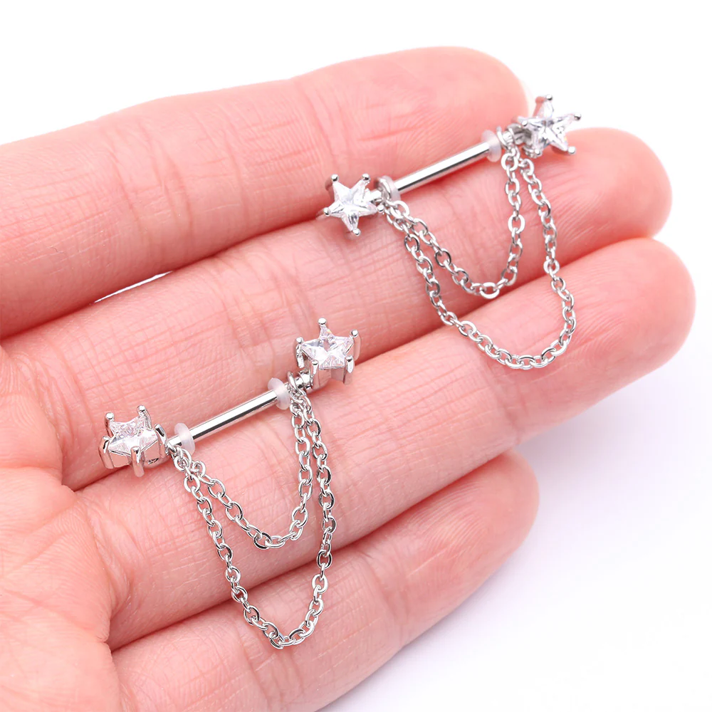 A Pair of Star Gem Sparkle Double Chained Nipple Barbell - Image 3