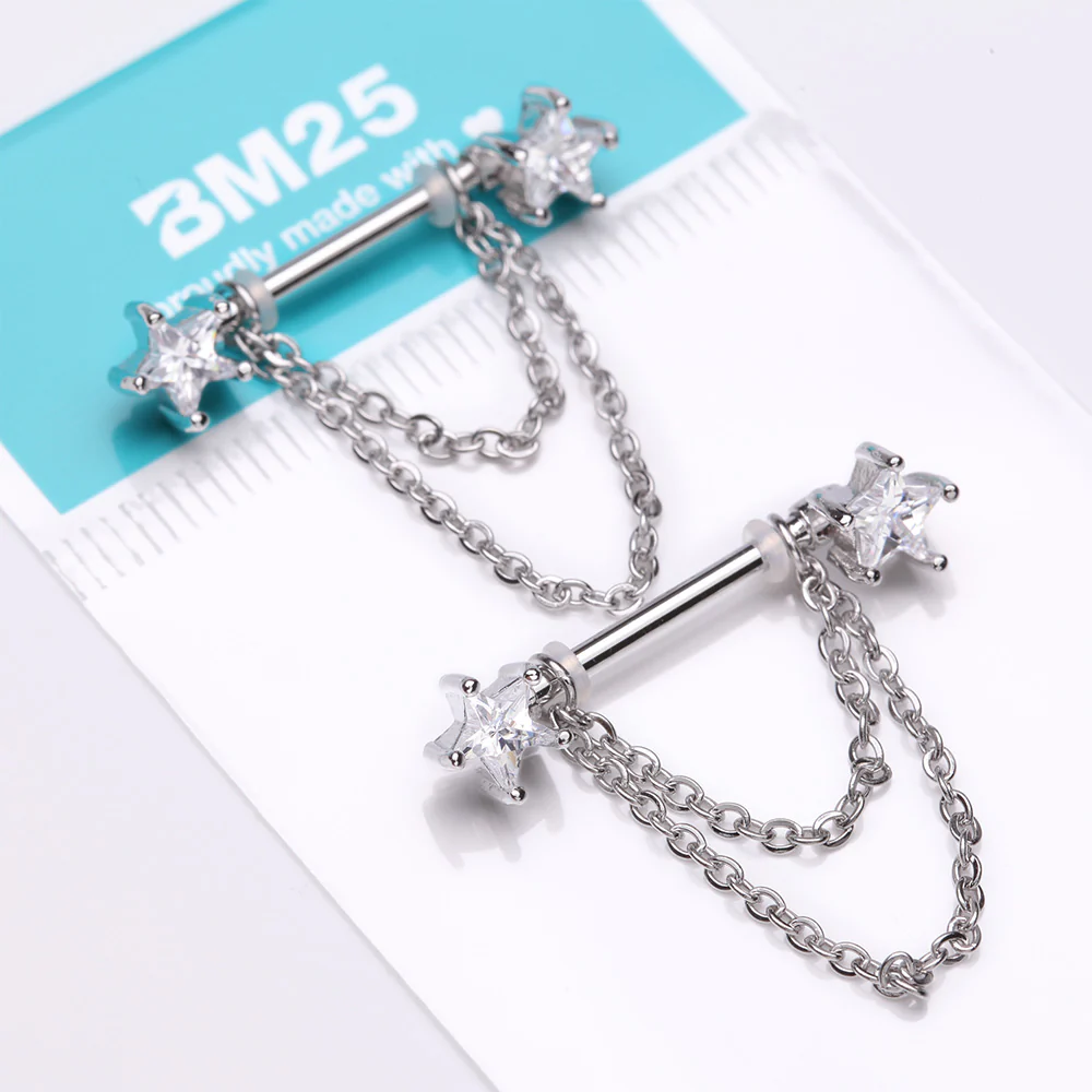 A Pair of Star Gem Sparkle Double Chained Nipple Barbell - Image 4