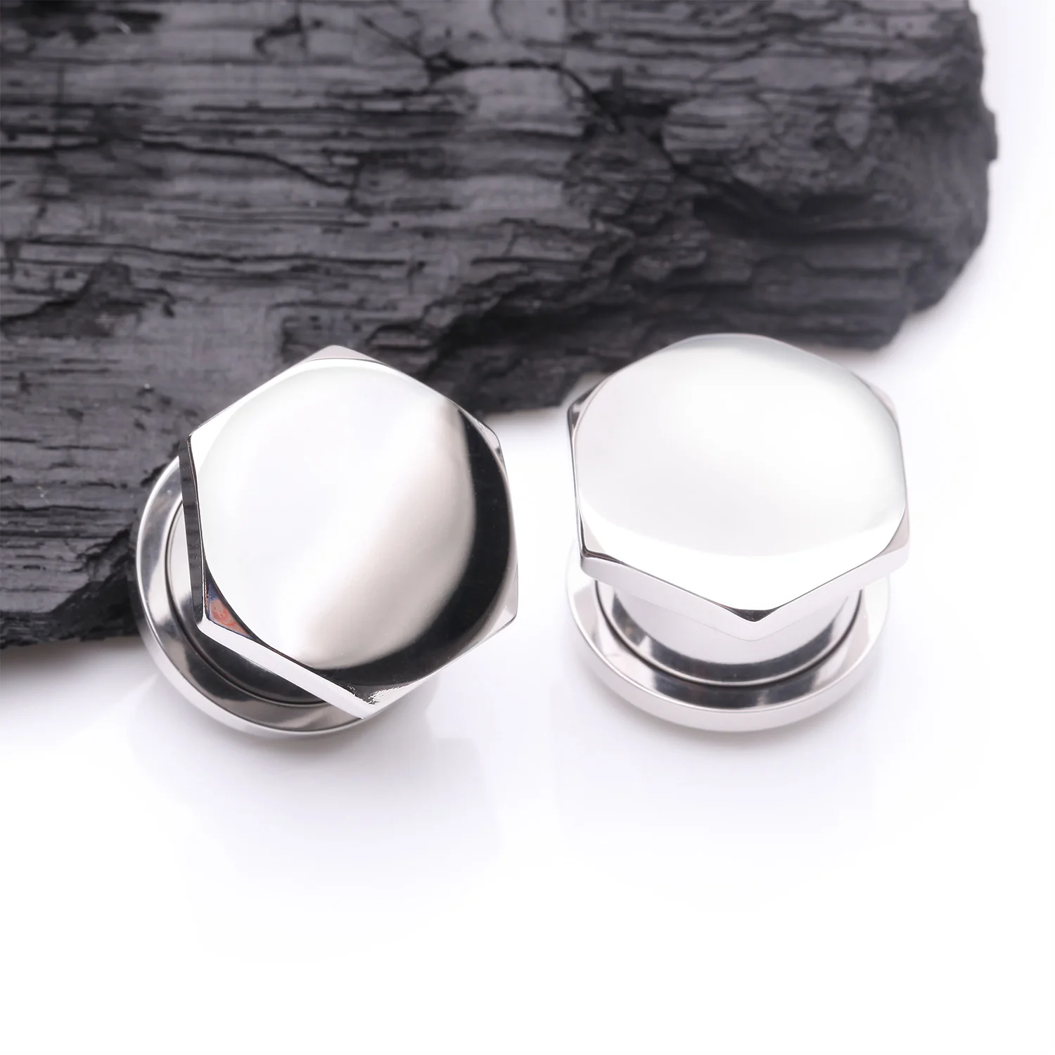 A Pair of Steel Hexa Nut Push-Fit Single Flared Ear Gauge Plug - Image 2